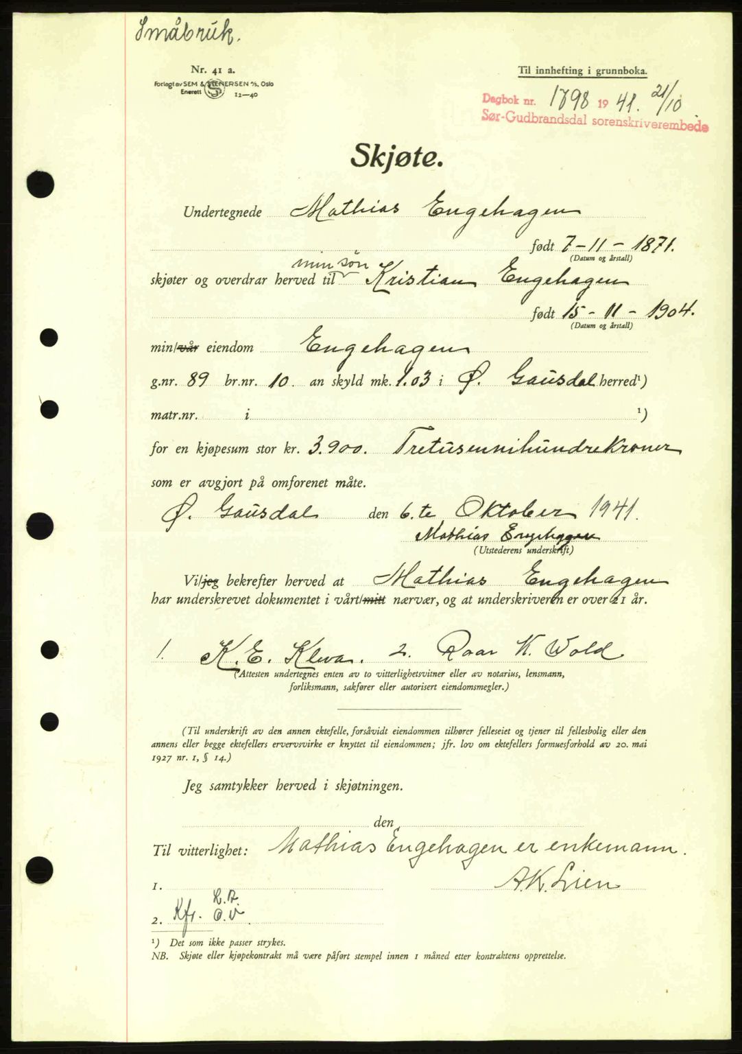 Sør-Gudbrandsdal tingrett, SAH/TING-004/H/Hb/Hbd/L0009: Pantebok nr. A9, 1941-1941, Dagboknr: 1798/1941