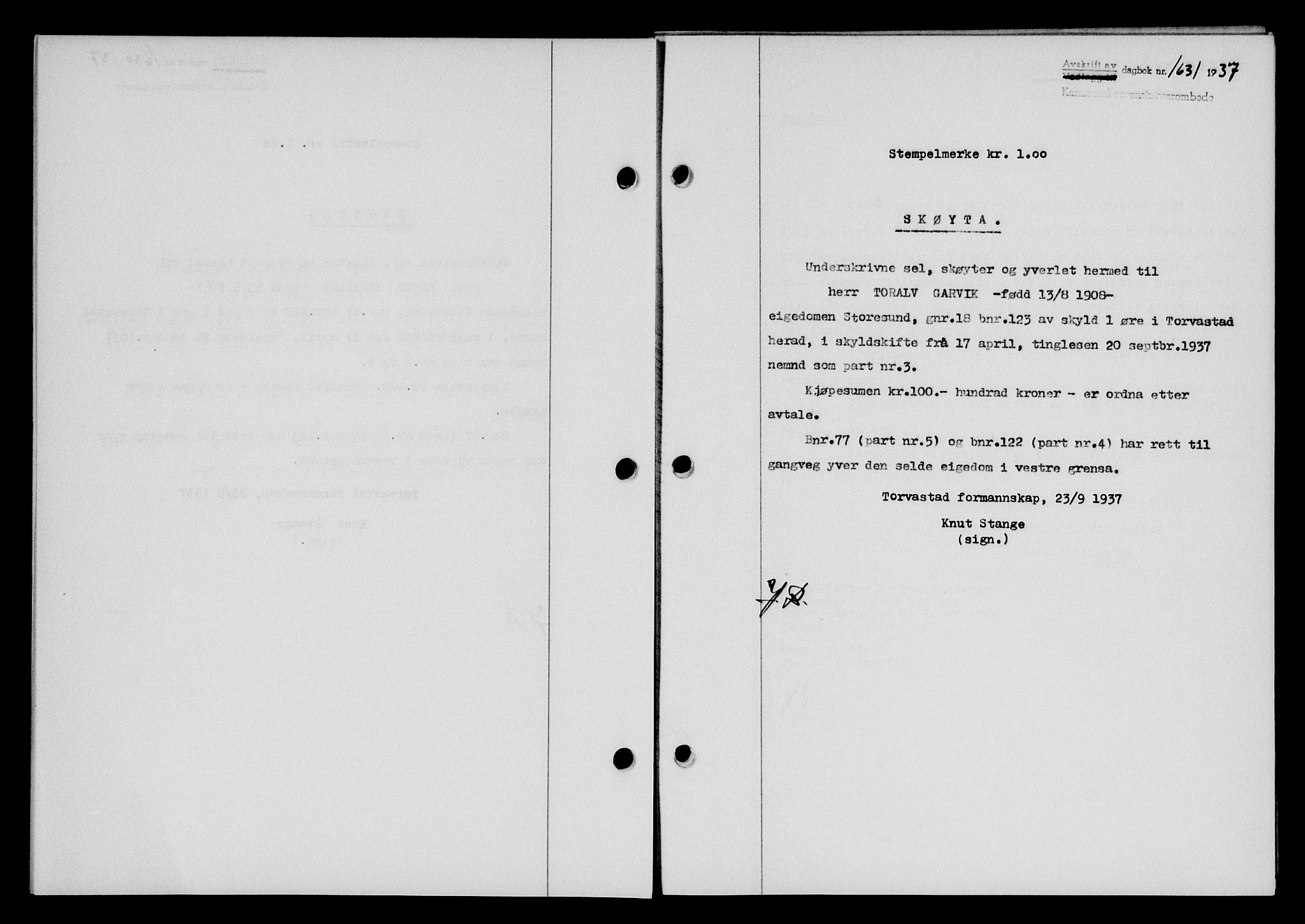 Karmsund sorenskriveri, SAST/A-100311/01/II/IIB/L0068: Pantebok nr. 49A, 1937-1937, Dagboknr: 1631/1937