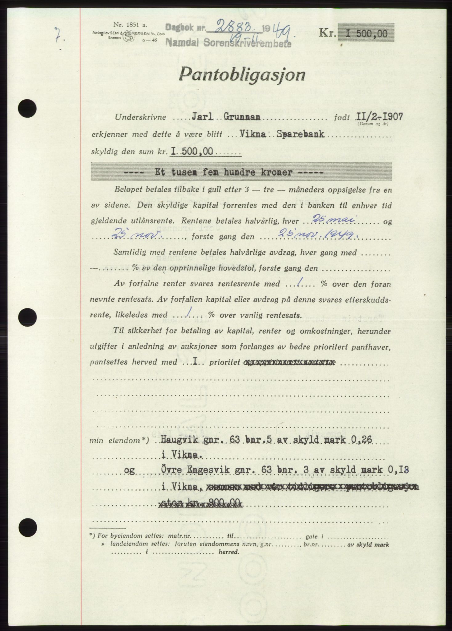 Namdal sorenskriveri, SAT/A-4133/1/2/2C: Pantebok nr. -, 1949-1949, Dagboknr: 2883/1949