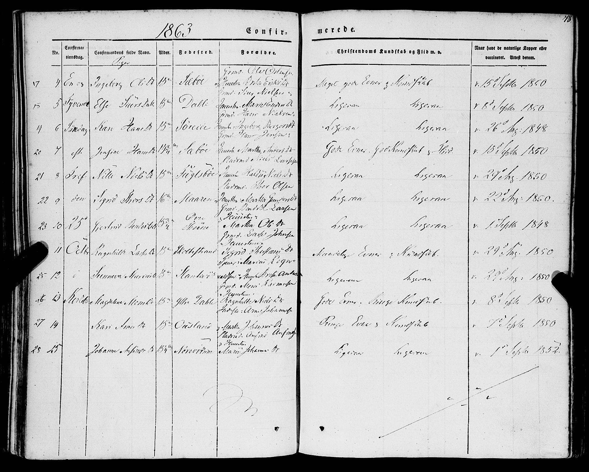 Lavik sokneprestembete, AV/SAB-A-80901: Ministerialbok nr. A 3, 1843-1863, s. 73