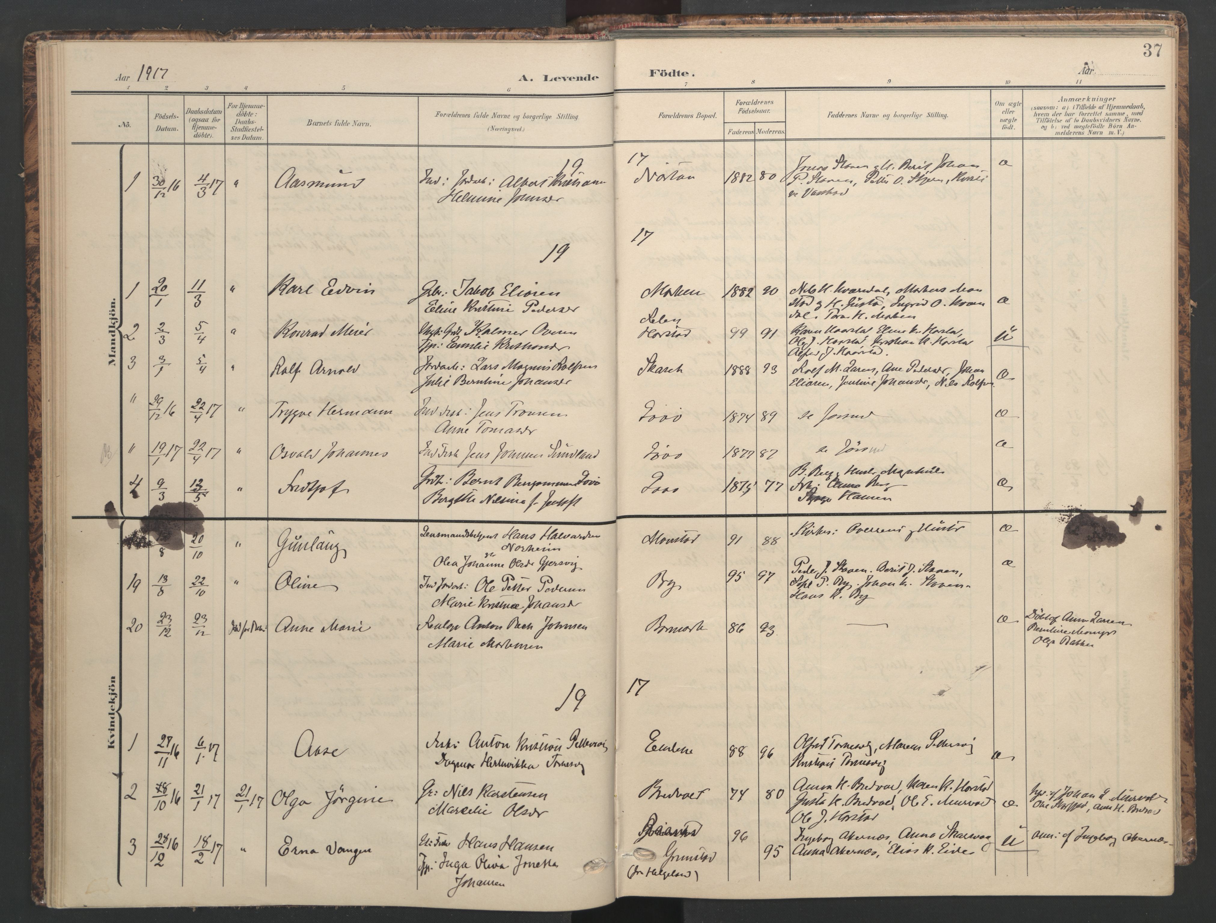 Ministerialprotokoller, klokkerbøker og fødselsregistre - Sør-Trøndelag, AV/SAT-A-1456/655/L0682: Ministerialbok nr. 655A11, 1908-1922, s. 37