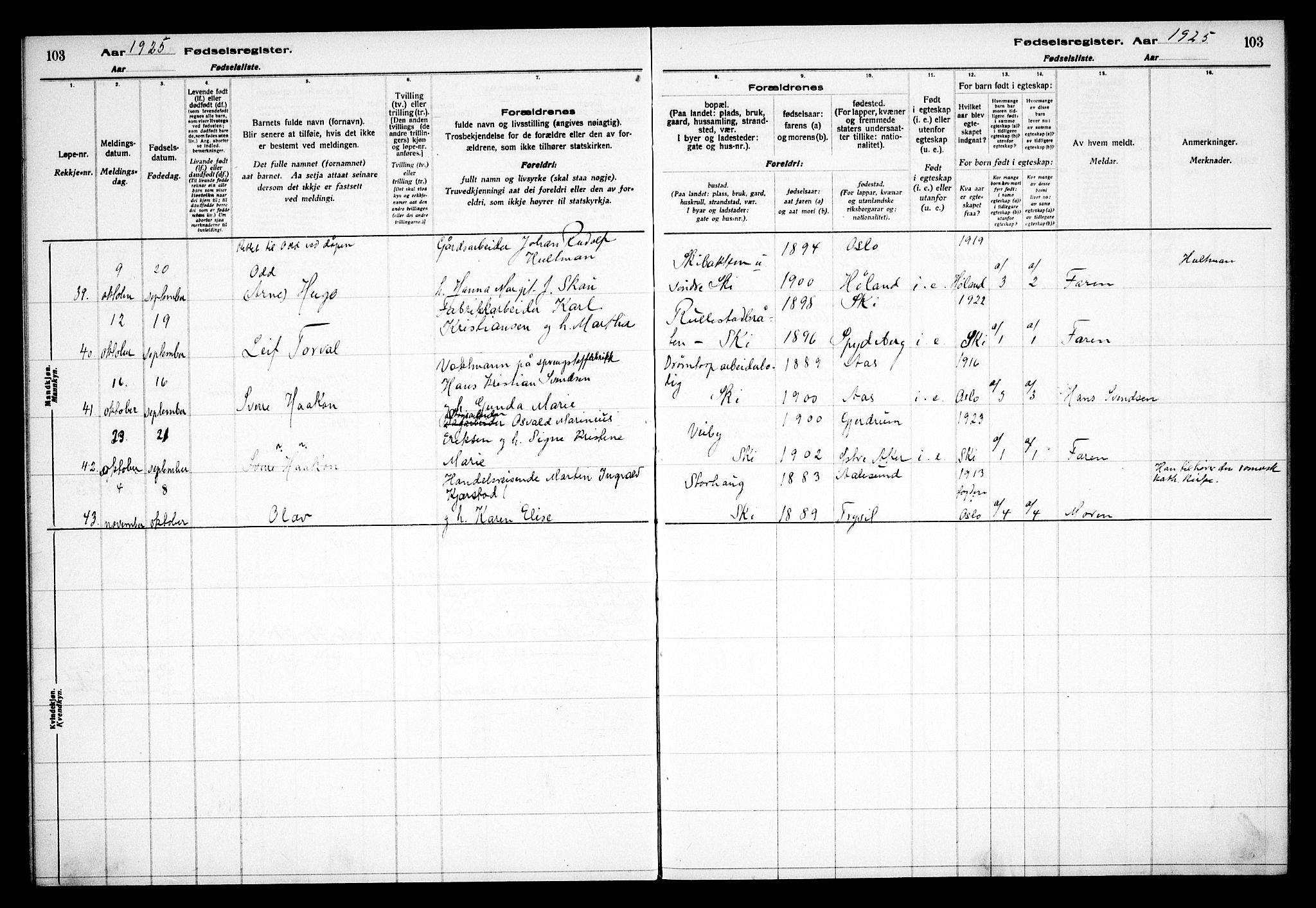 Kråkstad prestekontor Kirkebøker, AV/SAO-A-10125a/J/Jb/L0001: Fødselsregister nr. II 1, 1916-1936, s. 103