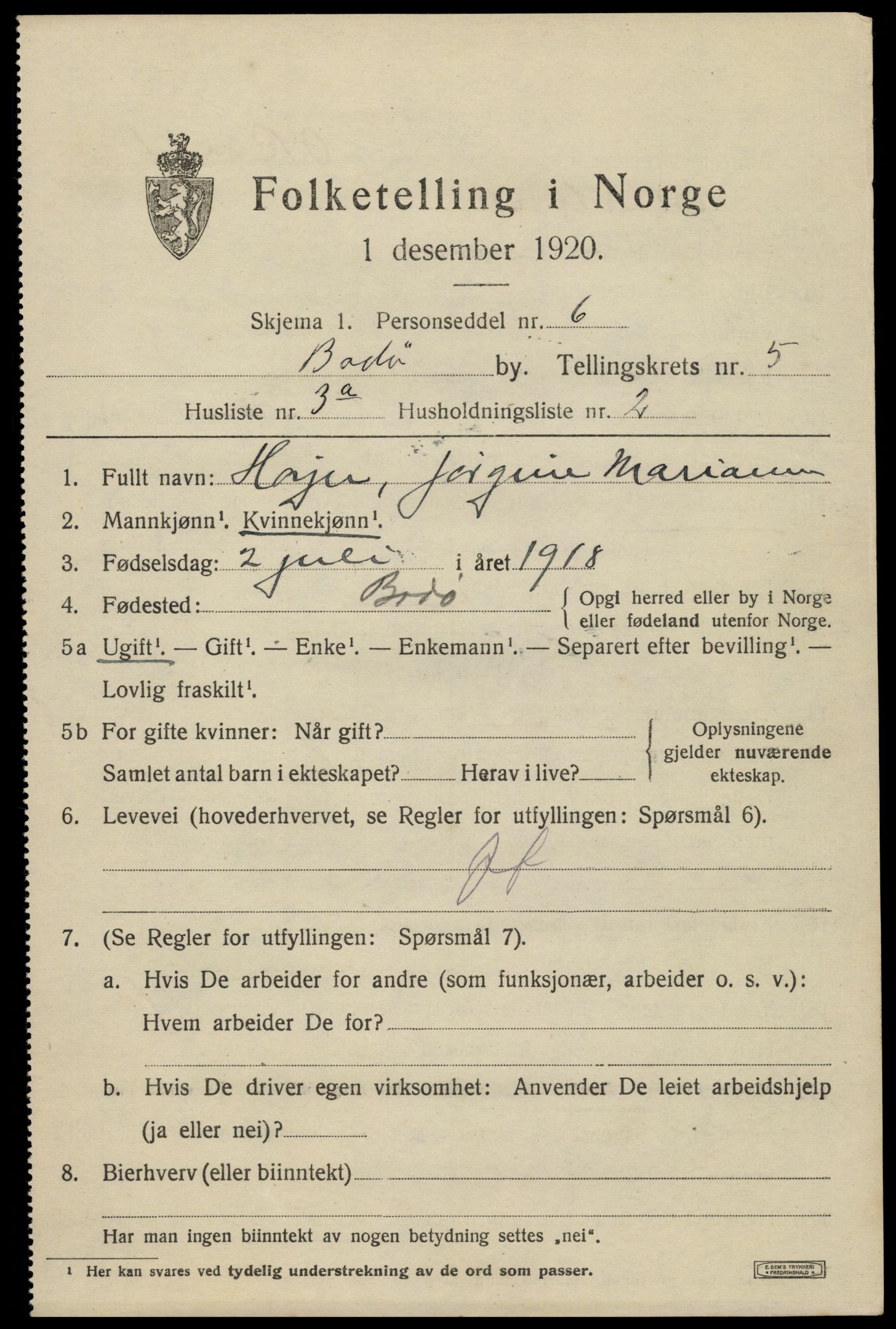 SAT, Folketelling 1920 for 1804 Bodø kjøpstad, 1920, s. 8511