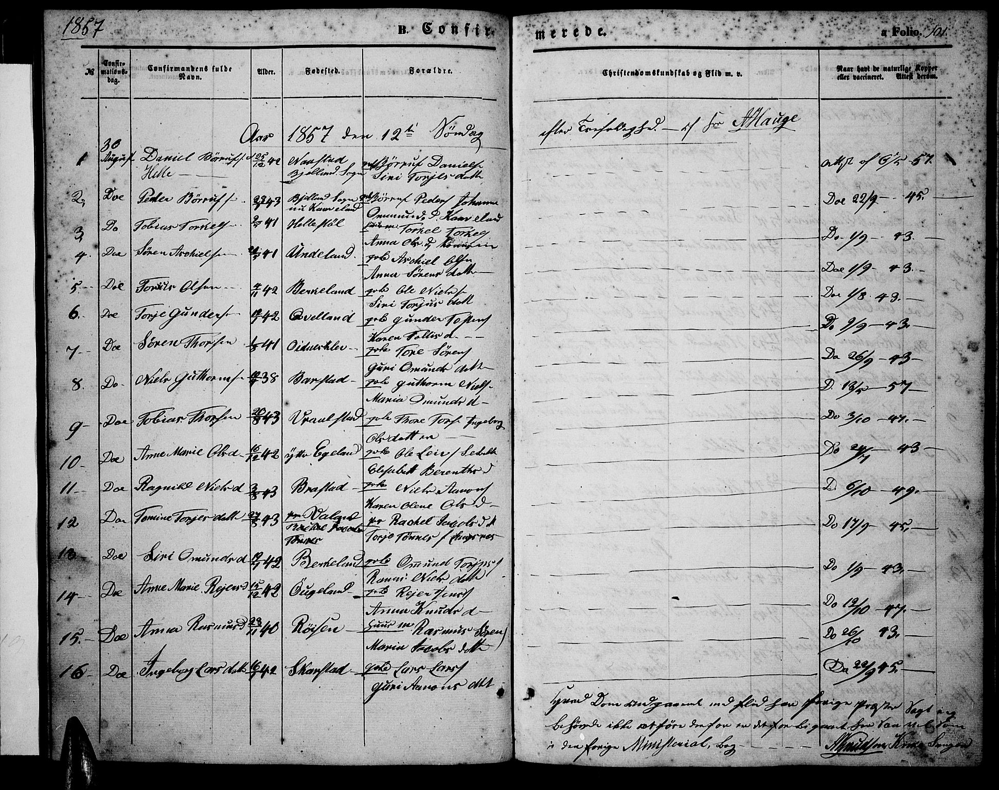 Nord-Audnedal sokneprestkontor, AV/SAK-1111-0032/F/Fb/Fba/L0002: Klokkerbok nr. B 2, 1856-1882, s. 101