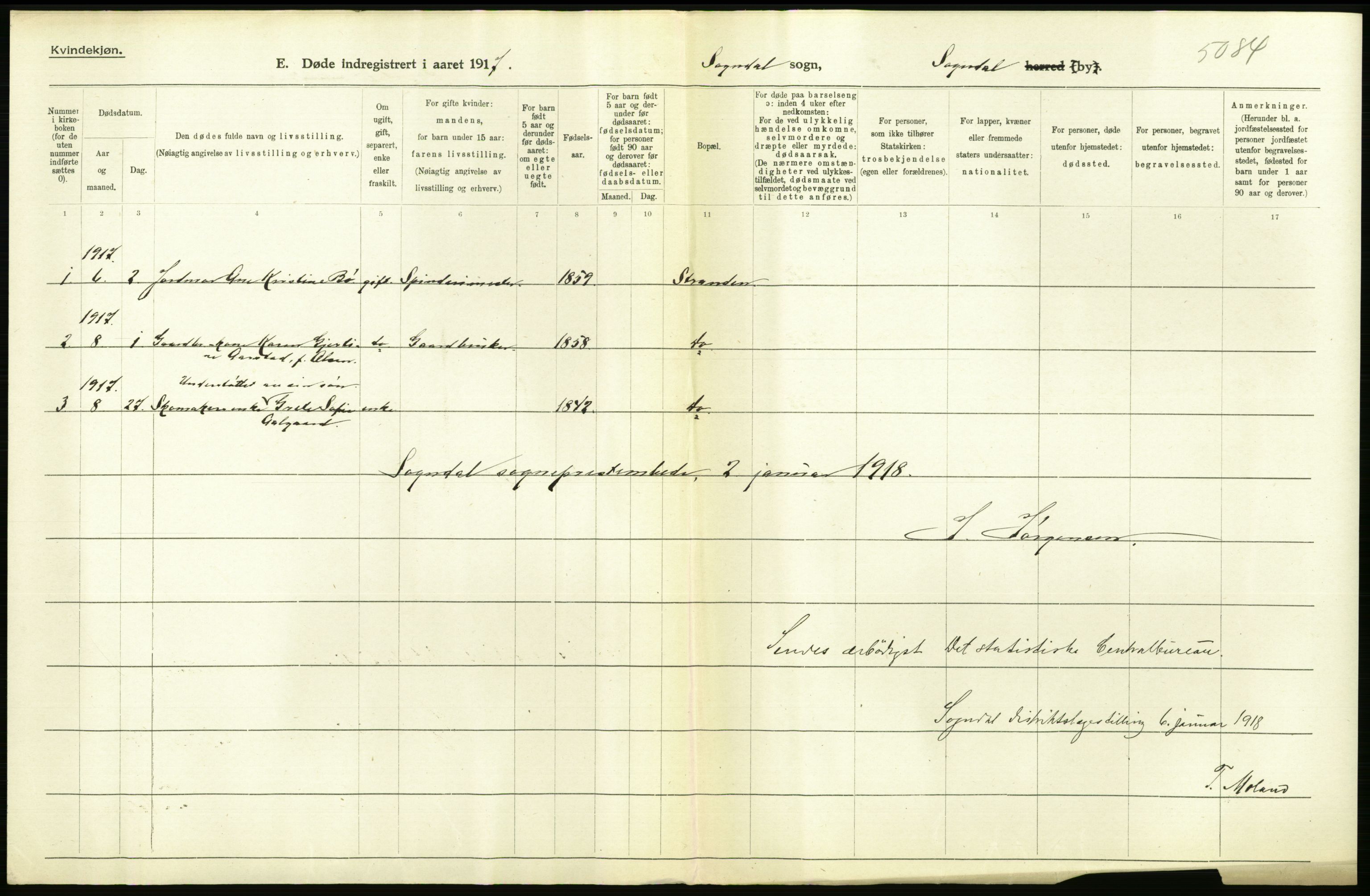 Statistisk sentralbyrå, Sosiodemografiske emner, Befolkning, RA/S-2228/D/Df/Dfb/Dfbg/L0033: Stavanger amt: Døde, dødfødte. Bygder og byer., 1917, s. 462