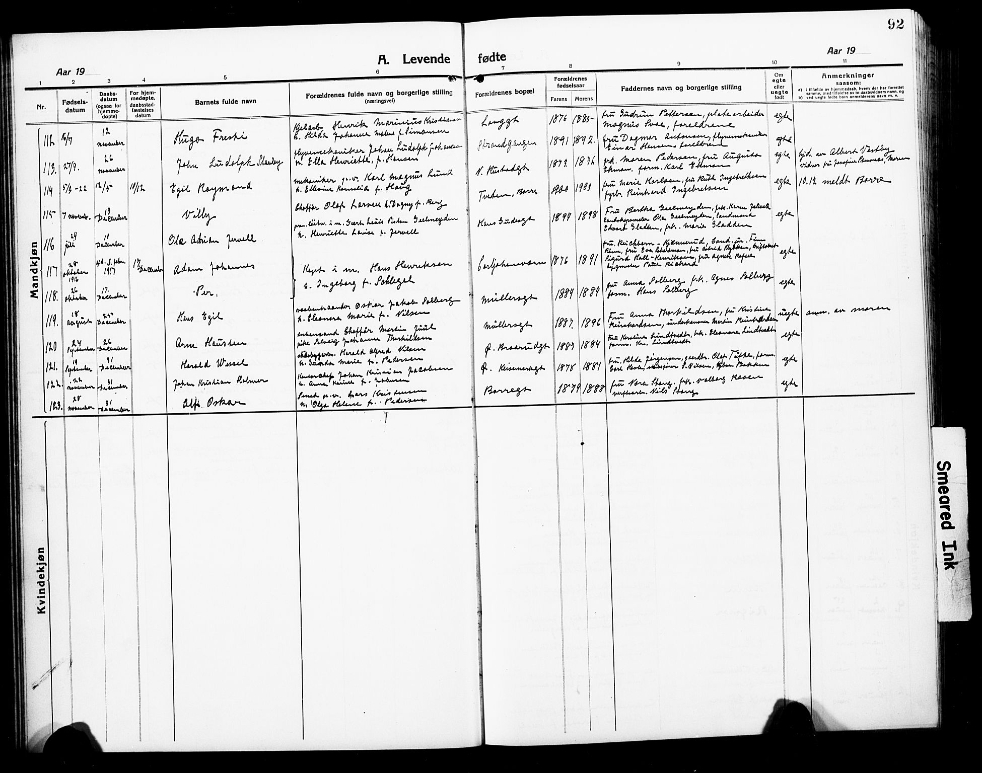 Horten kirkebøker, AV/SAKO-A-348/G/Ga/L0008: Klokkerbok nr. 8, 1916-1926, s. 92