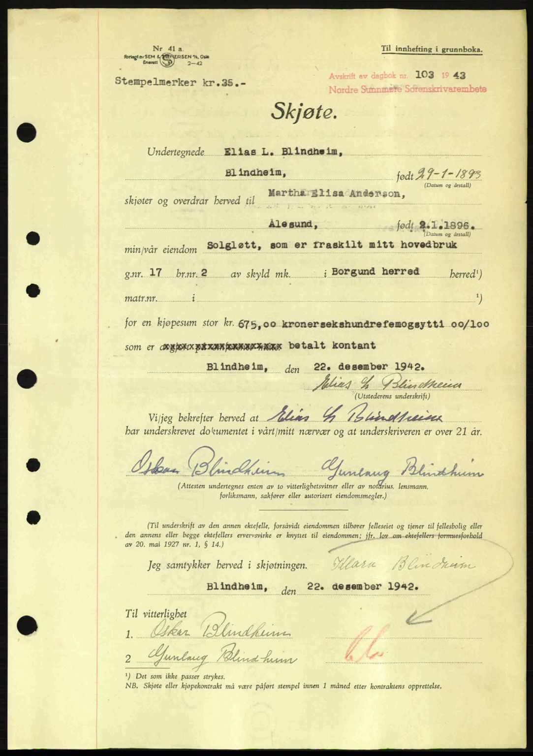 Nordre Sunnmøre sorenskriveri, AV/SAT-A-0006/1/2/2C/2Ca: Pantebok nr. A15, 1942-1943, Dagboknr: 103/1943