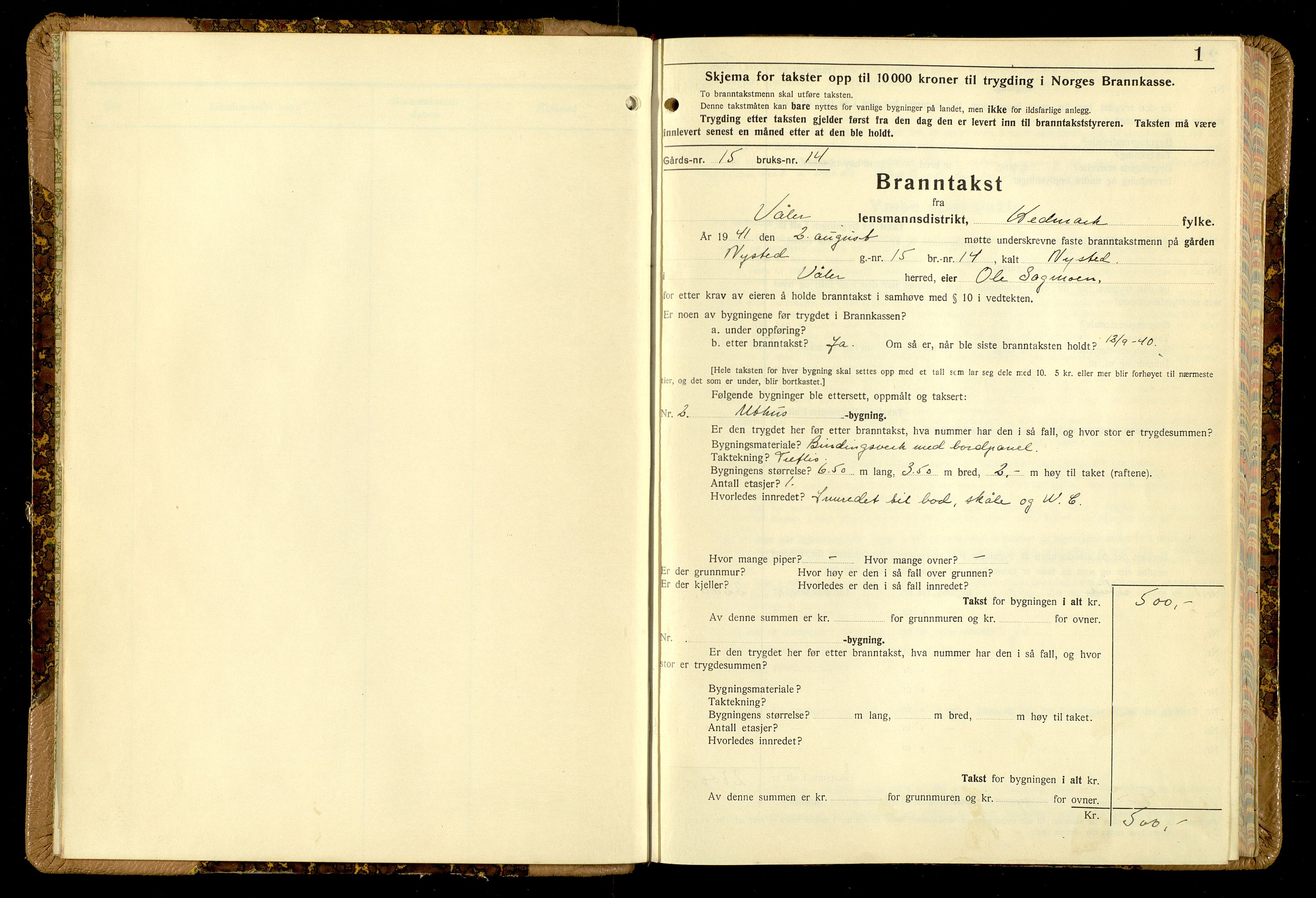 Norges Brannkasse, Våler, Hedmark, AV/SAH-NBRANV-019/F/L0029: Branntakstprotokoll, 1941-1945