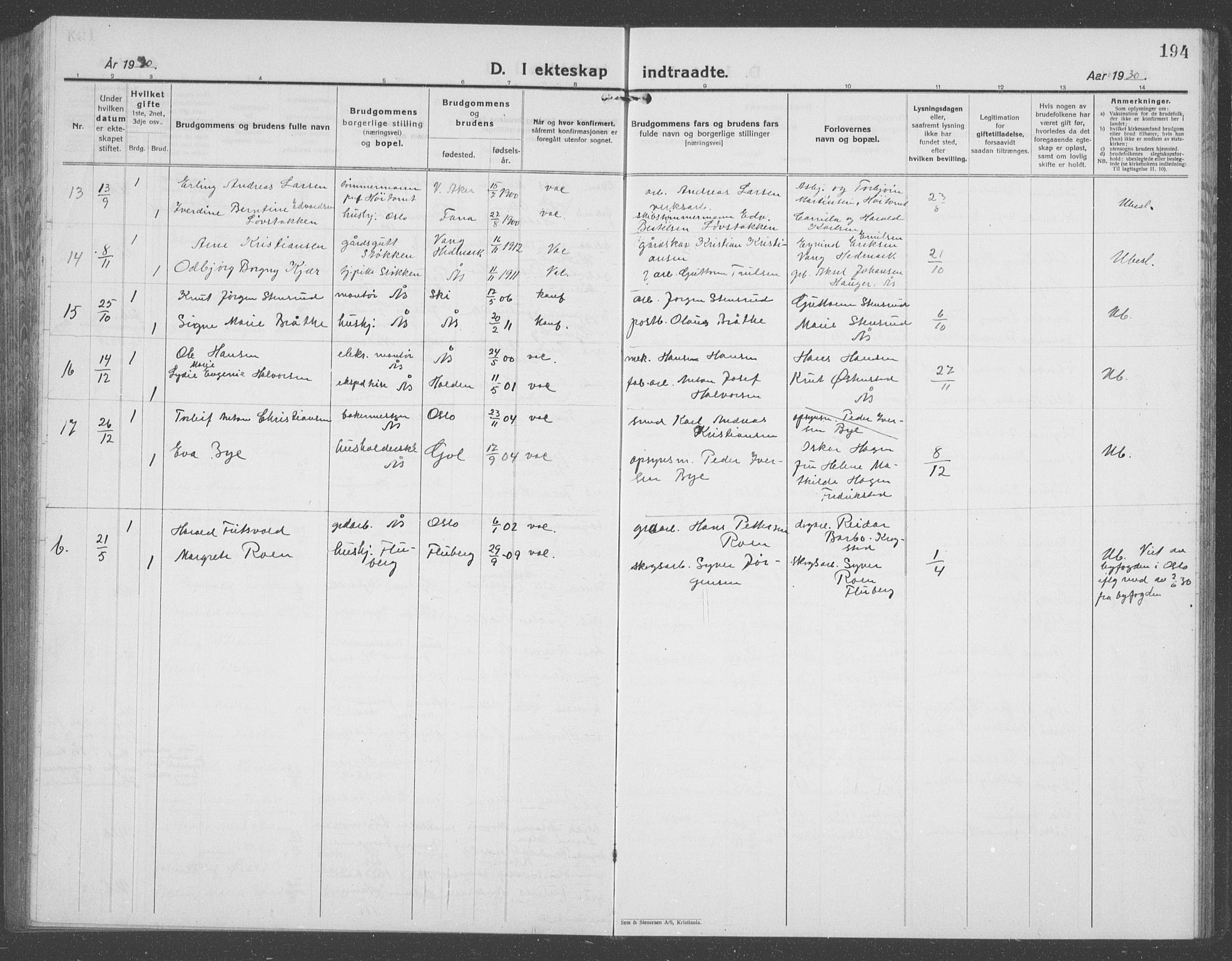 Ås prestekontor Kirkebøker, AV/SAO-A-10894/G/Ga/L0006: Klokkerbok nr. I 6, 1925-1940, s. 194