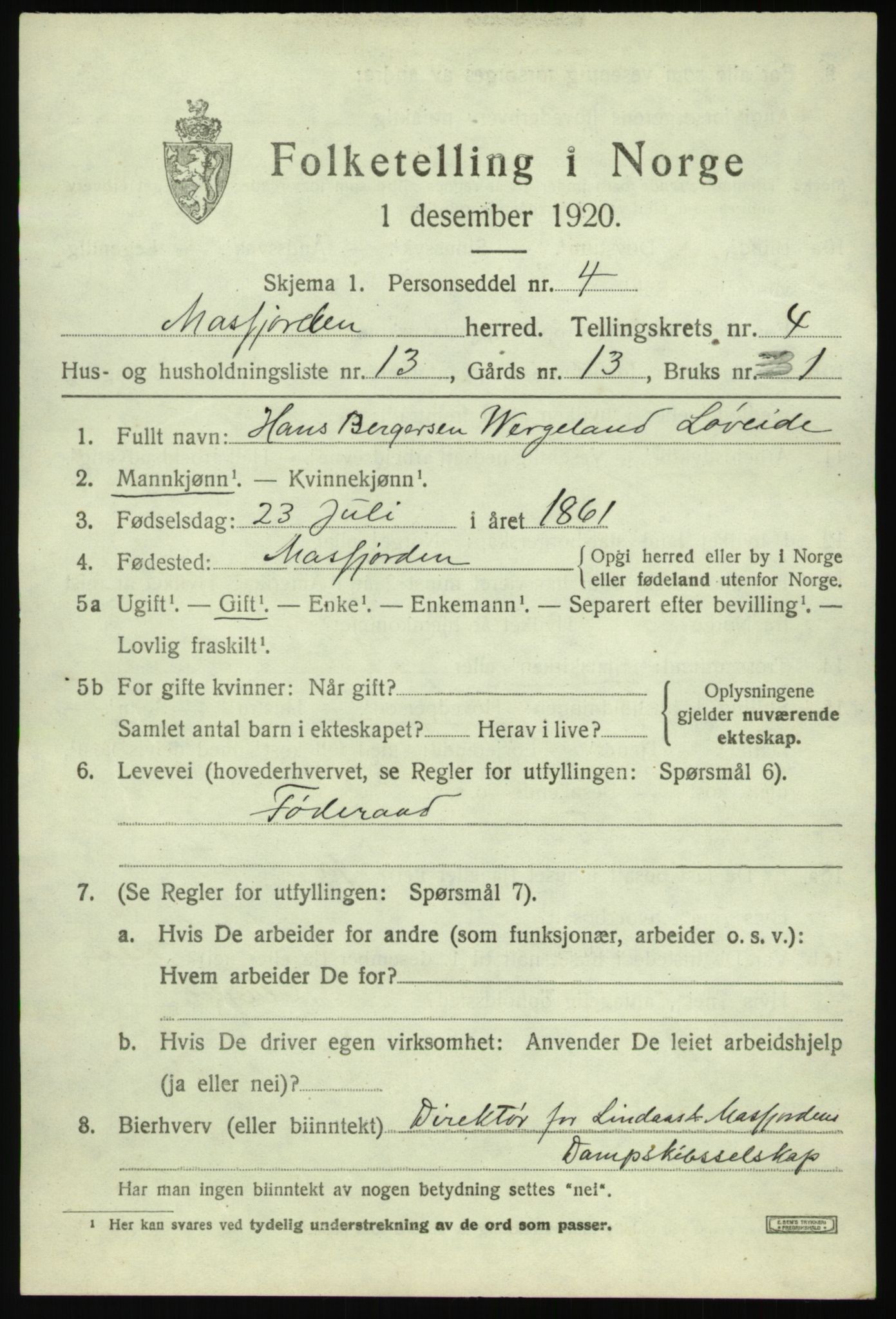 SAB, Folketelling 1920 for 1266 Masfjorden herred, 1920, s. 1887