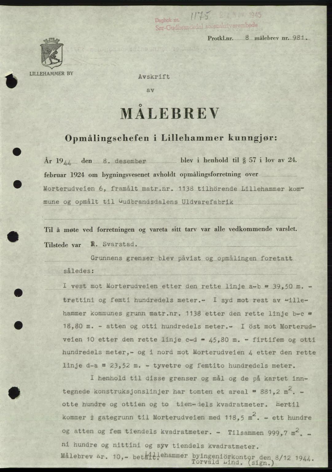 Sør-Gudbrandsdal tingrett, SAH/TING-004/H/Hb/Hbd/L0015: Pantebok nr. A15, 1945-1946, Dagboknr: 1175/1945