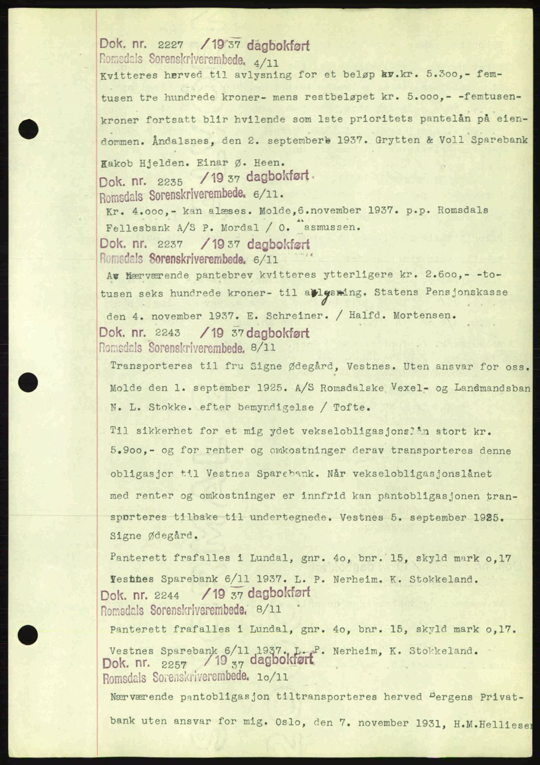 Romsdal sorenskriveri, AV/SAT-A-4149/1/2/2C: Pantebok nr. C1a, 1936-1945, Dagboknr: 2227/1937