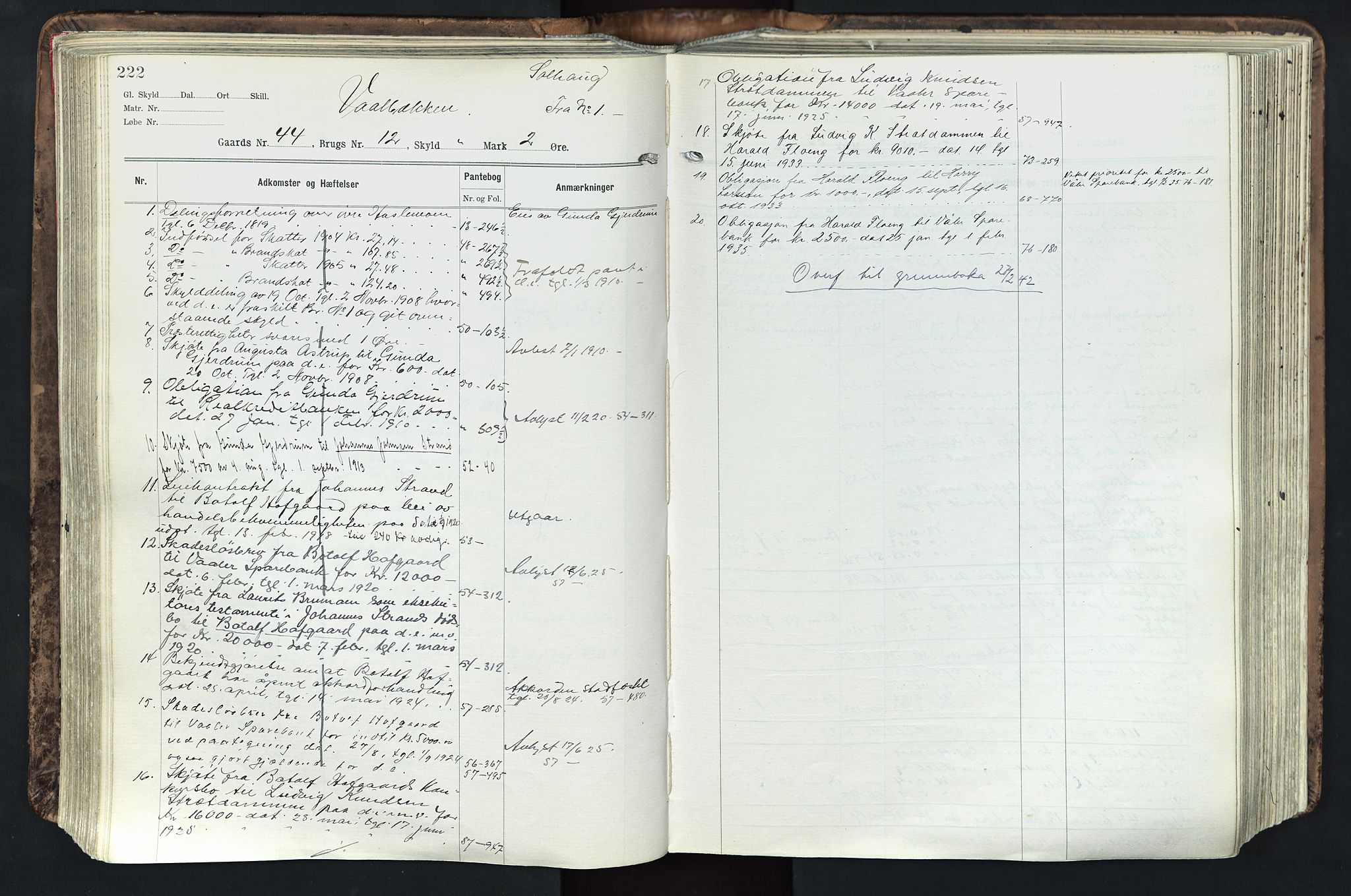 Solør tingrett, AV/SAH-TING-008/H/Ha/Hak/L0003: Panteregister nr. III, 1900-1935, s. 222