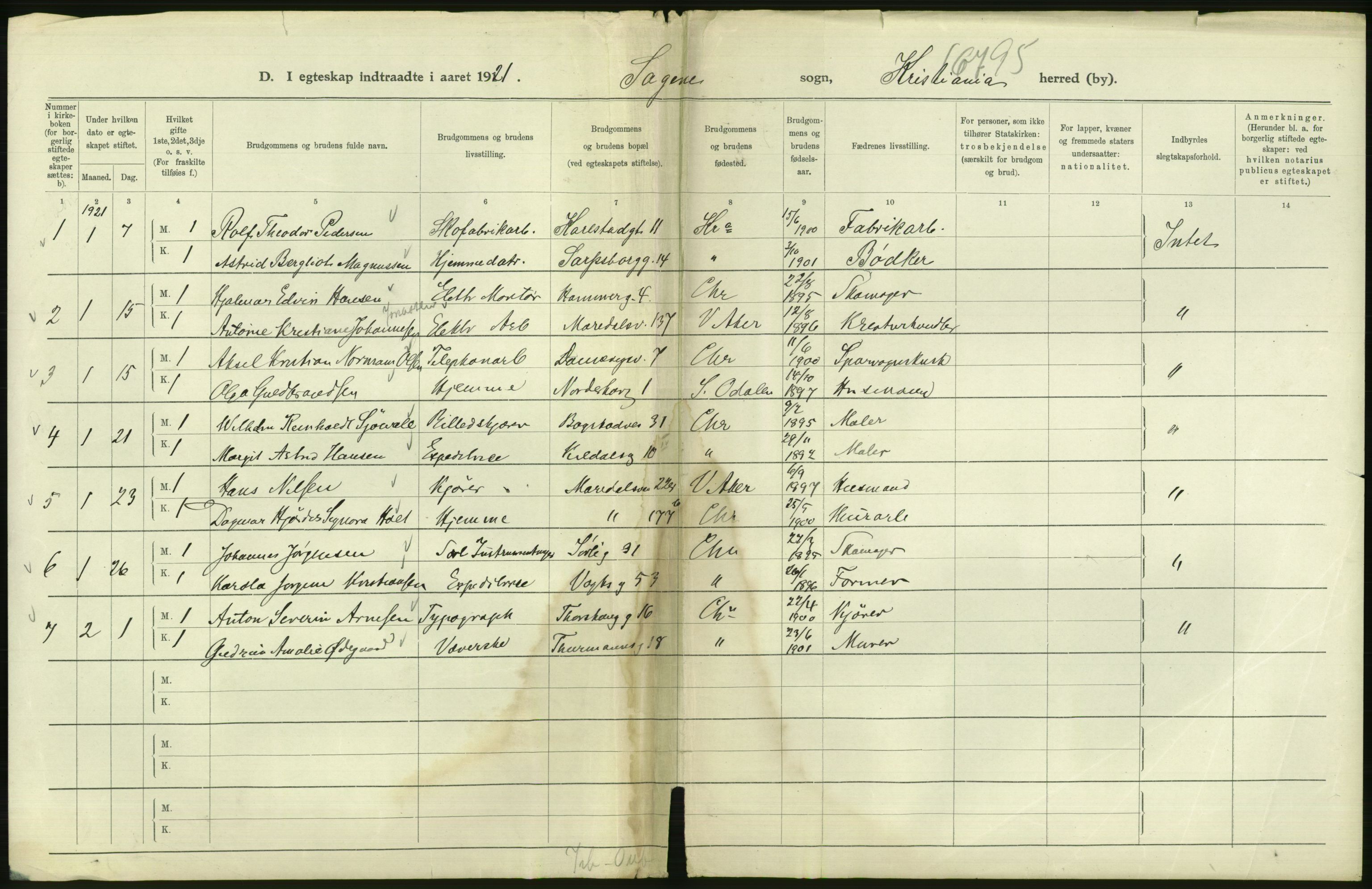 Statistisk sentralbyrå, Sosiodemografiske emner, Befolkning, RA/S-2228/D/Df/Dfc/Dfca/L0011: Kristiania: Gifte, 1921, s. 370