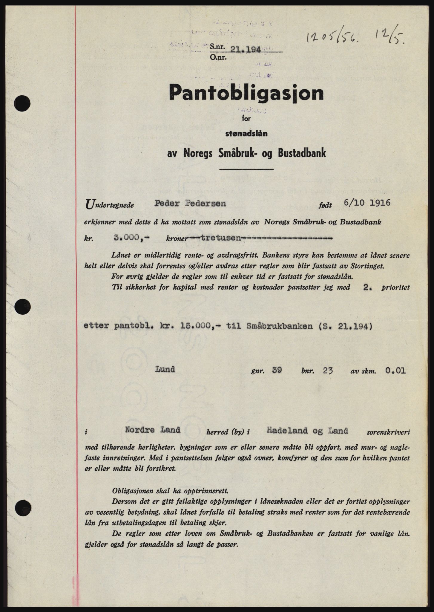 Hadeland og Land tingrett, SAH/TING-010/H/Hb/Hbc/L0034: Pantebok nr. B34, 1956-1956, Dagboknr: 1205/1956