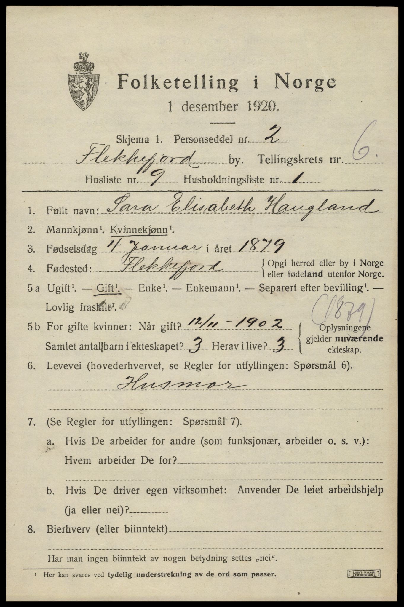 SAK, Folketelling 1920 for 1004 Flekkefjord kjøpstad, 1920, s. 5838