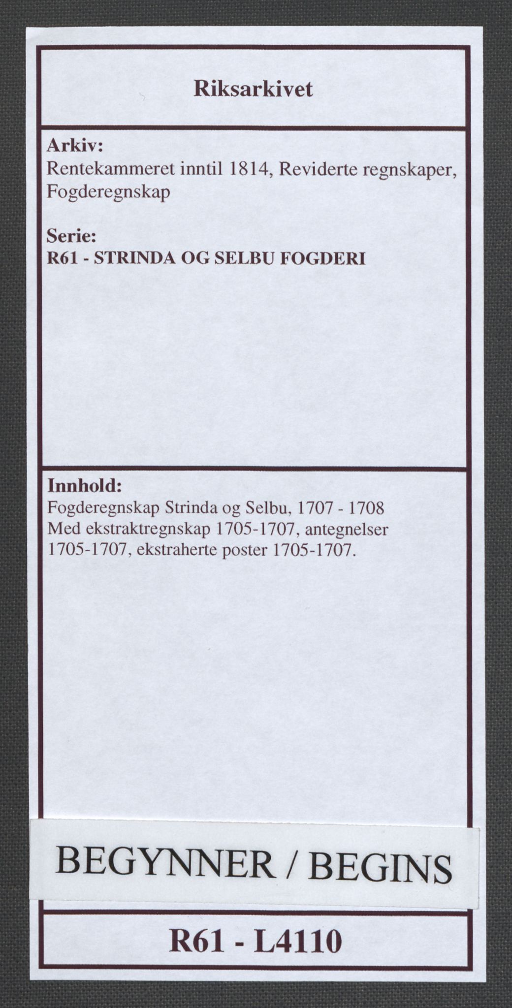 Rentekammeret inntil 1814, Reviderte regnskaper, Fogderegnskap, RA/EA-4092/R61/L4110: Fogderegnskap Strinda og Selbu, 1707-1708, s. 1