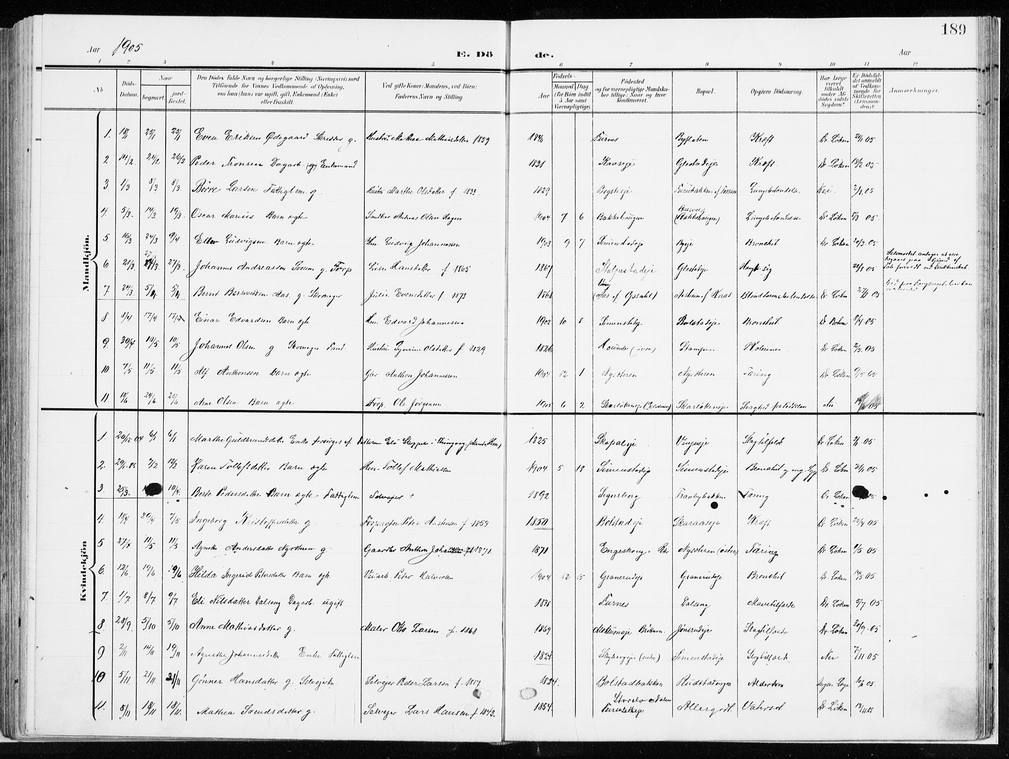 Ringsaker prestekontor, AV/SAH-PREST-014/K/Ka/L0019: Ministerialbok nr. 19, 1905-1920, s. 189