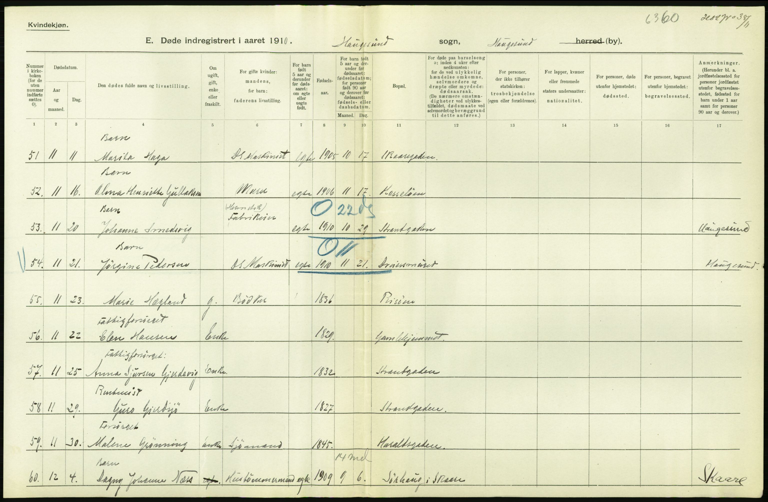 Statistisk sentralbyrå, Sosiodemografiske emner, Befolkning, RA/S-2228/D/Df/Dfa/Dfah/L0024: Stavanger amt: Døde, dødfødte. Bygder og byer., 1910, s. 336