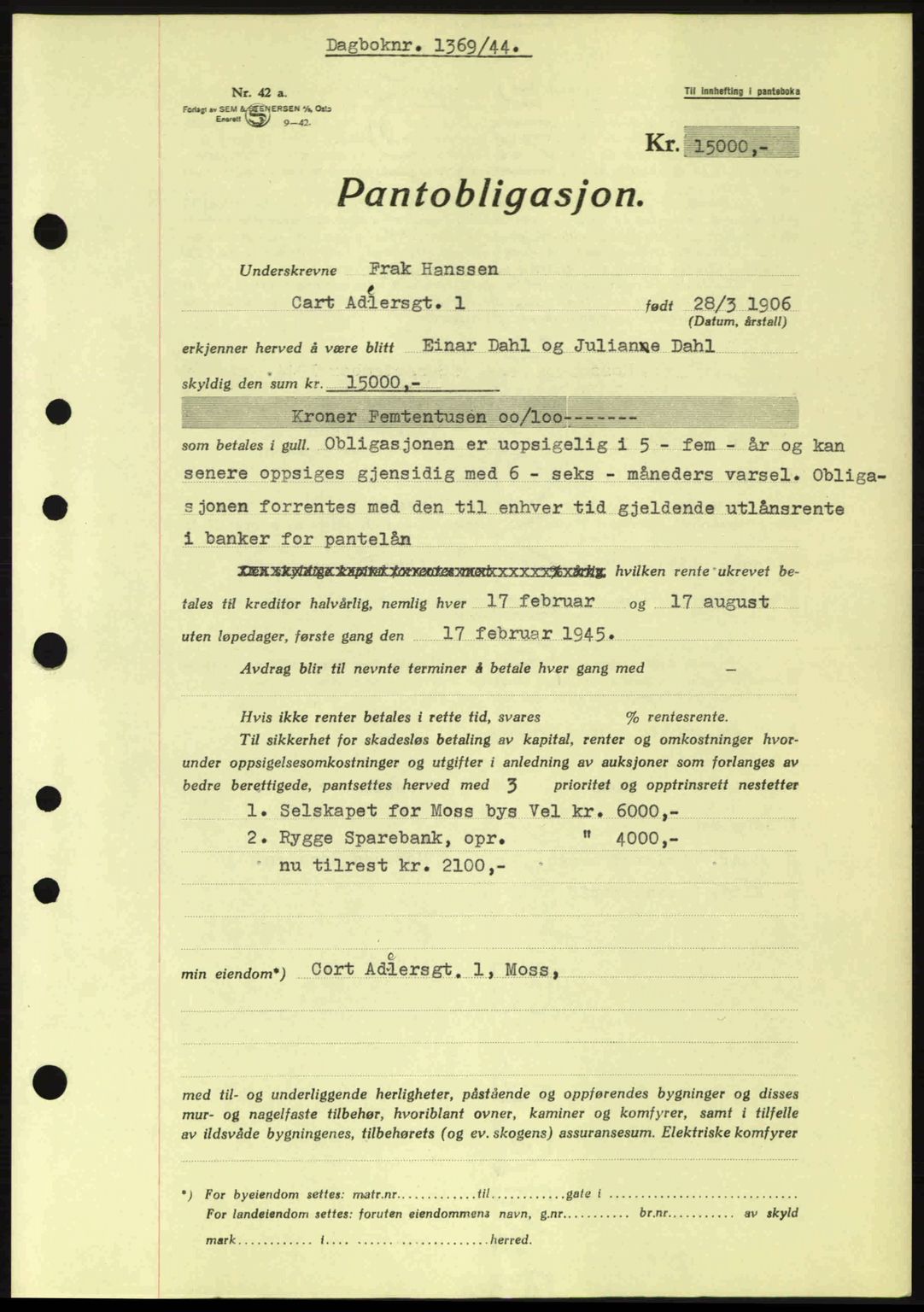 Moss sorenskriveri, SAO/A-10168: Pantebok nr. B13, 1943-1945, Dagboknr: 1369/1944