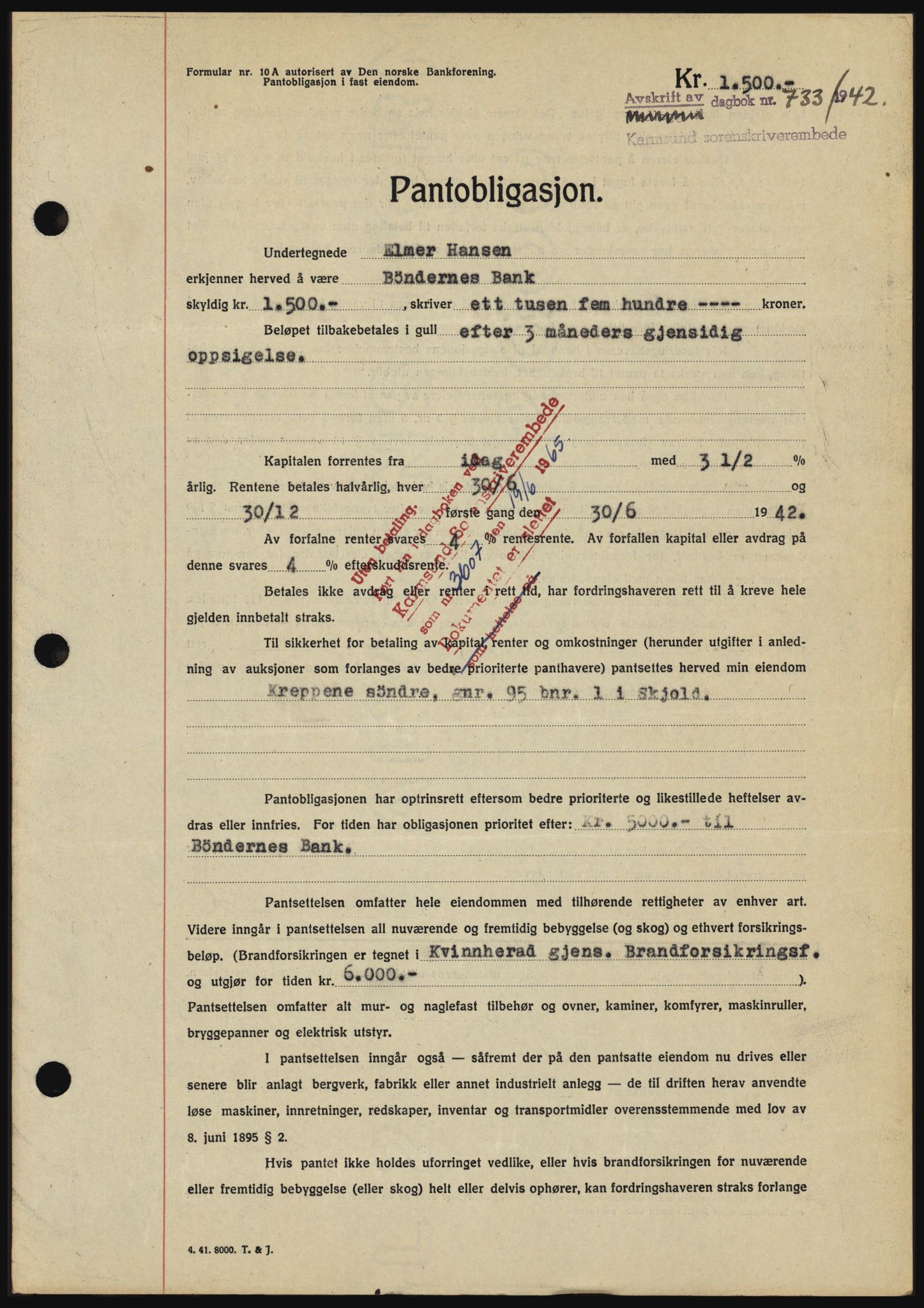 Karmsund sorenskriveri, SAST/A-100311/01/II/IIBBE/L0008: Pantebok nr. B 54, 1942-1943, Dagboknr: 733/1942