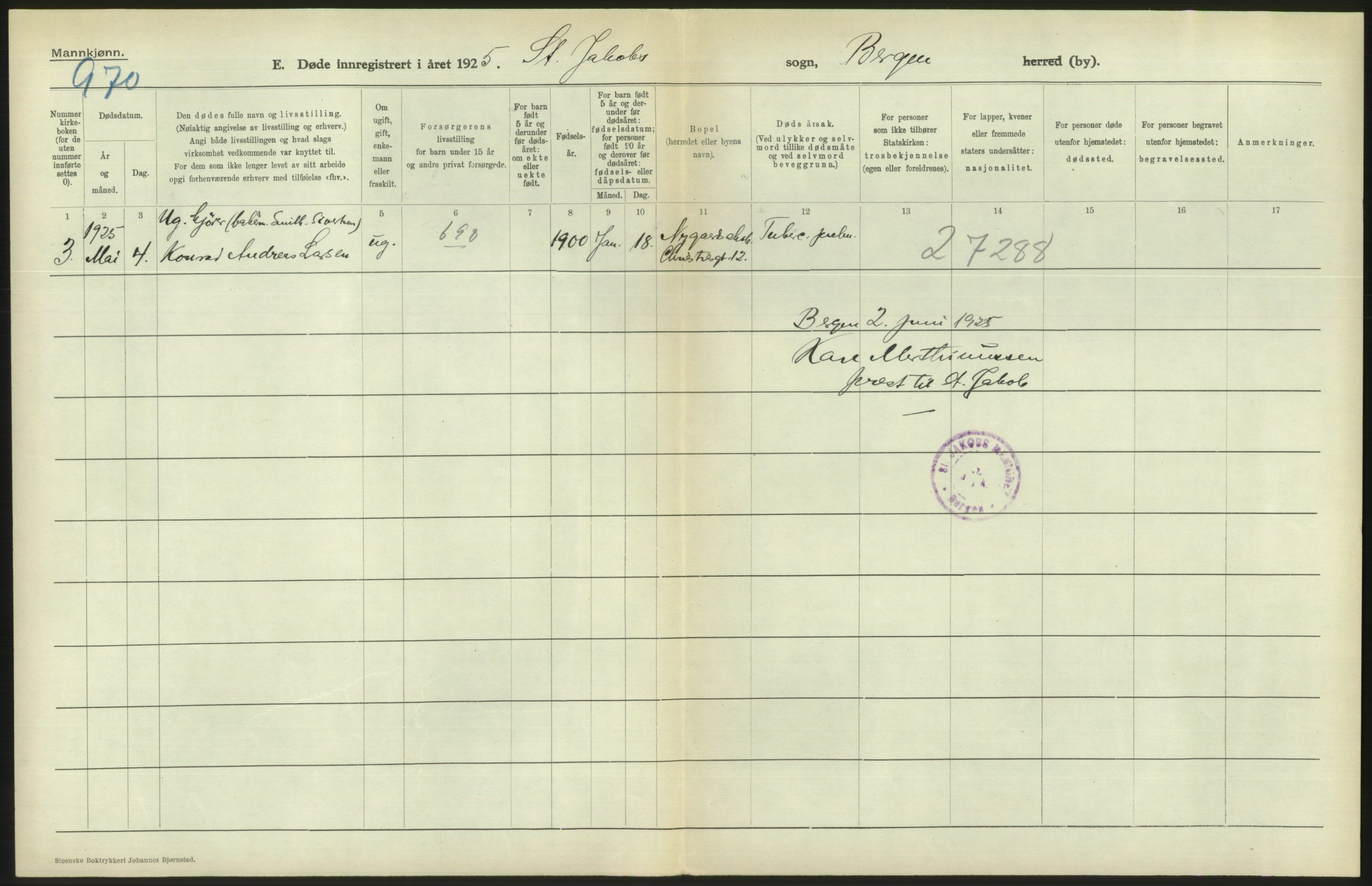 Statistisk sentralbyrå, Sosiodemografiske emner, Befolkning, AV/RA-S-2228/D/Df/Dfc/Dfce/L0029: Bergen: Gifte, døde., 1925, s. 484