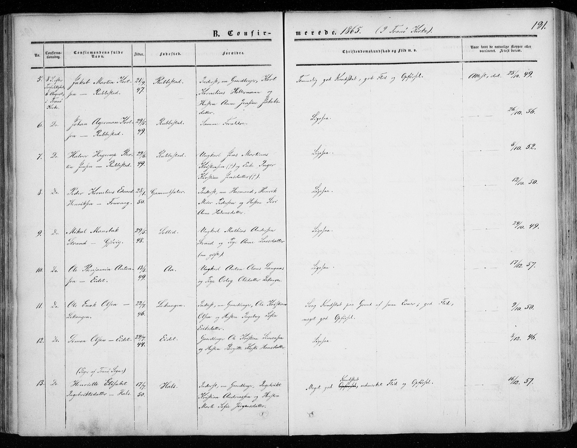 Tranøy sokneprestkontor, SATØ/S-1313/I/Ia/Iaa/L0007kirke: Ministerialbok nr. 7, 1856-1866, s. 181