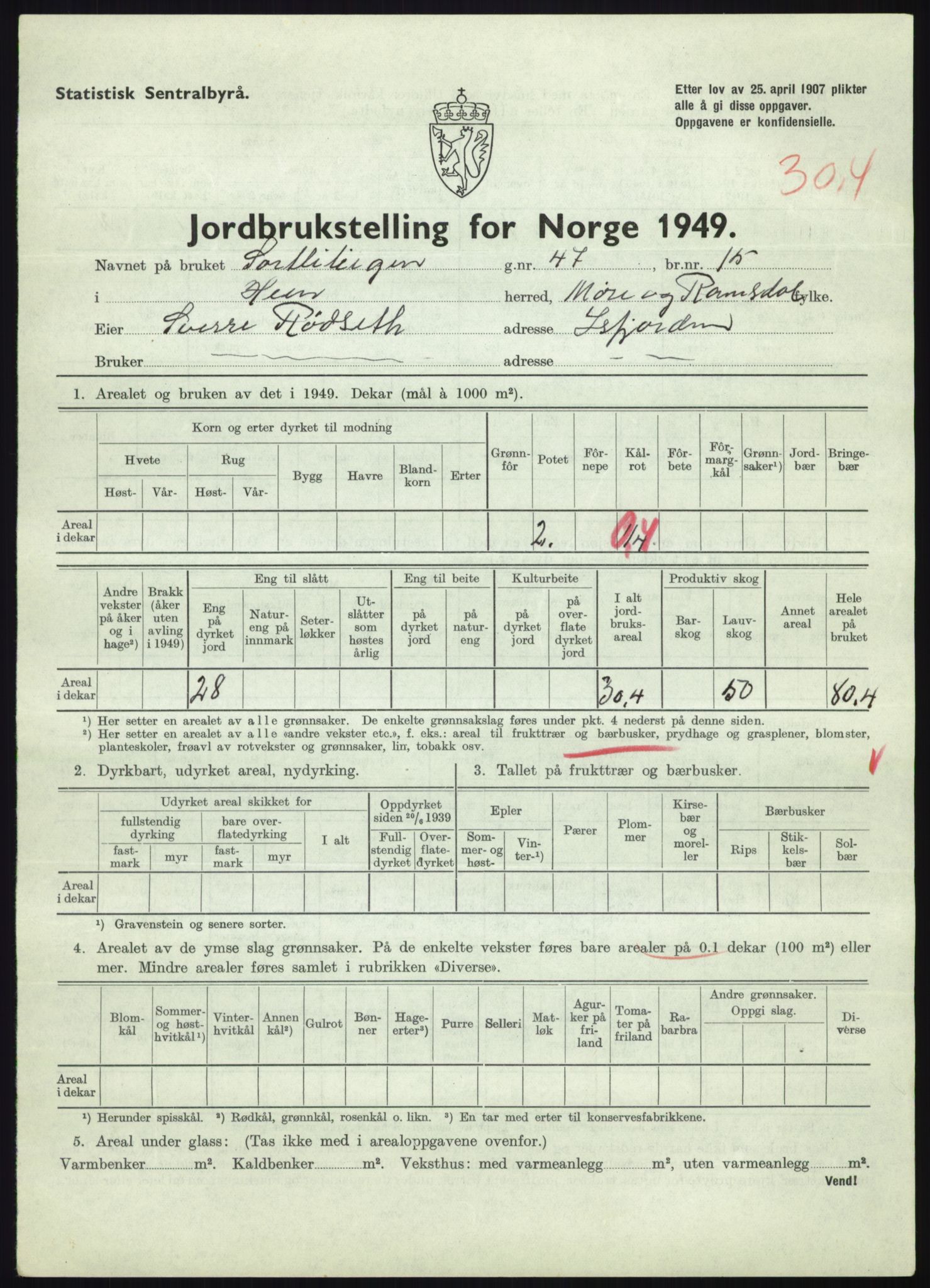 Statistisk sentralbyrå, Næringsøkonomiske emner, Jordbruk, skogbruk, jakt, fiske og fangst, AV/RA-S-2234/G/Gc/L0323: Møre og Romsdal: Grytten og Hen, 1949, s. 653