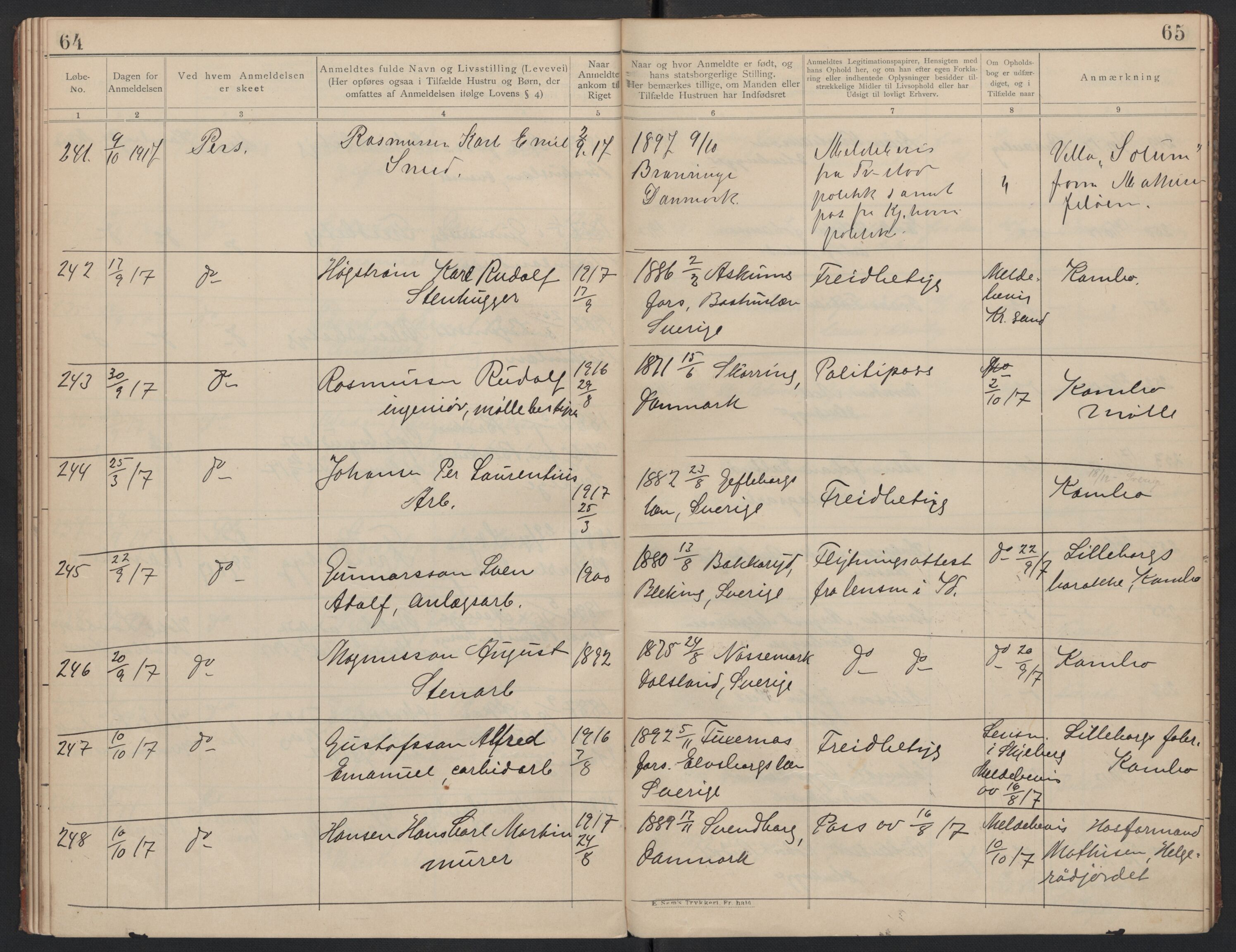 Rygge lensmannskontor, AV/SAO-A-10005/I/Ic/Ica/L0001: Protokoll over fremmede statsborgere, 1902-1920, s. 64-65