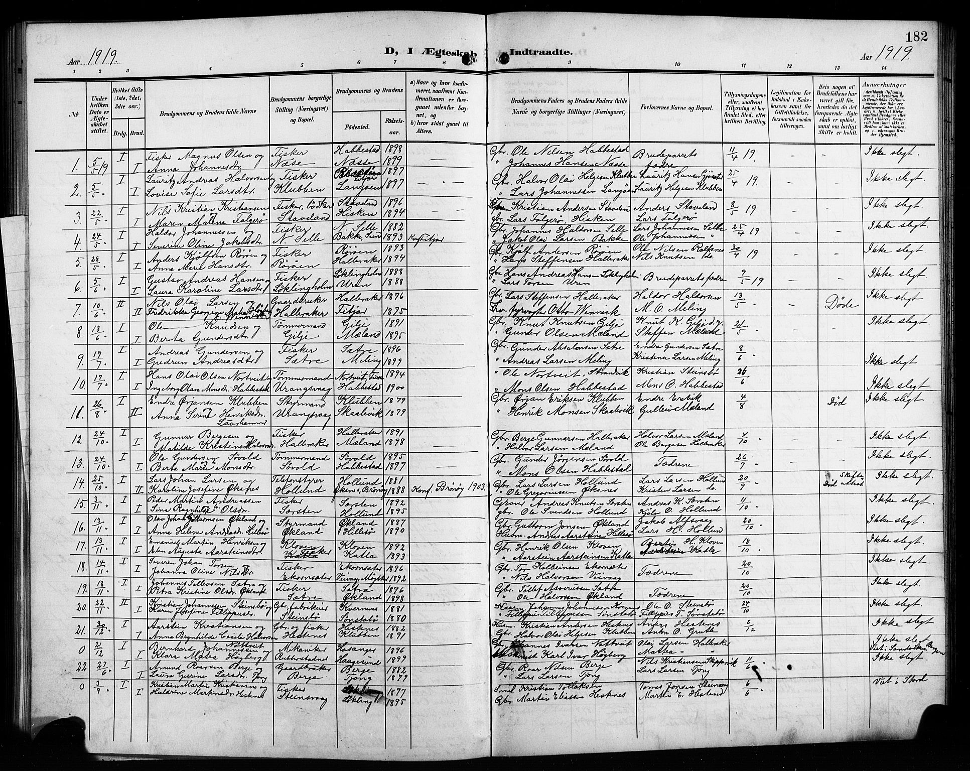 Finnås sokneprestembete, AV/SAB-A-99925/H/Ha/Hab/Habb/L0005: Klokkerbok nr. B 5, 1907-1920, s. 182