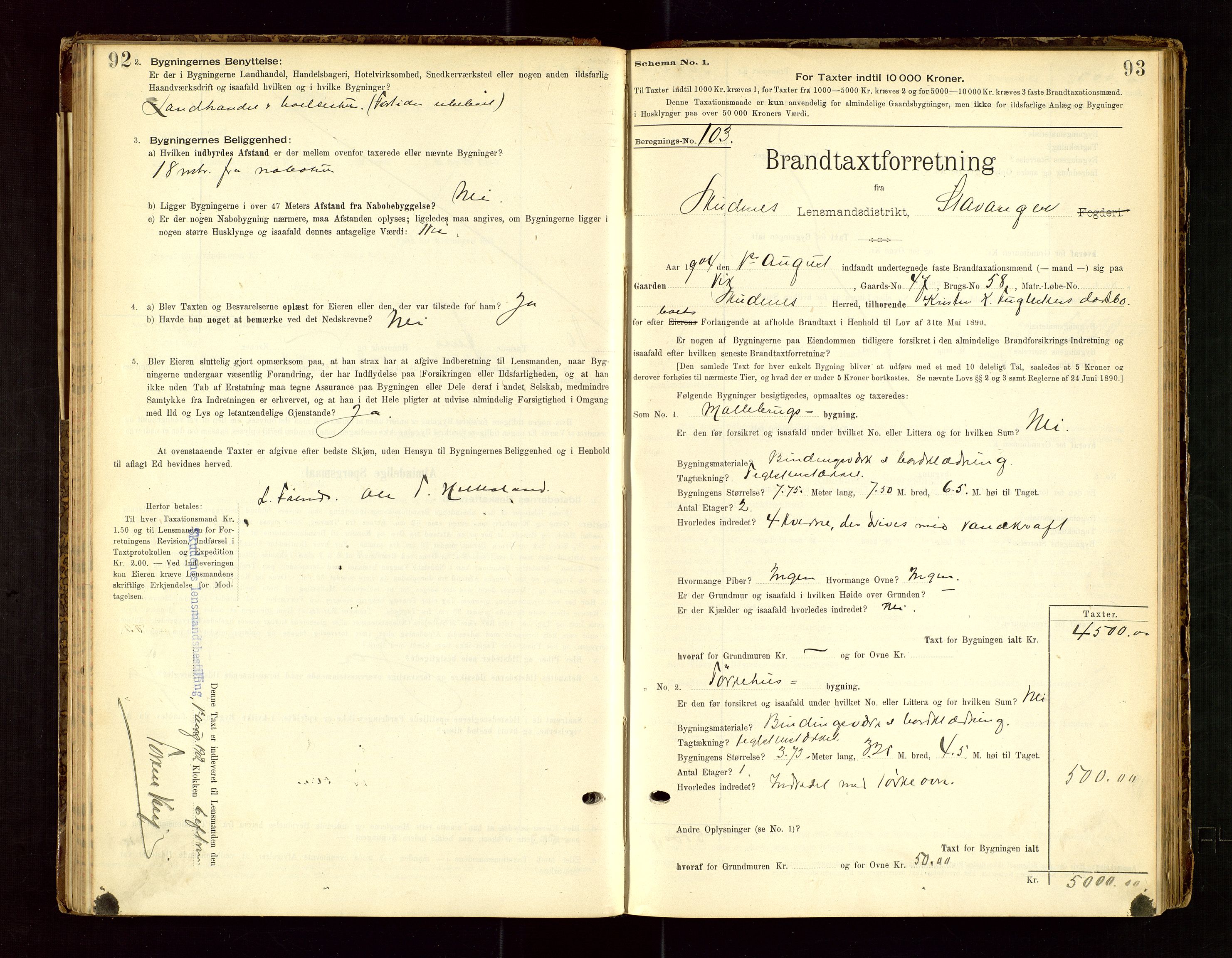 Skudenes lensmannskontor, SAST/A-100444/Gob/L0001: "Brandtaxationsprotokoll", 1895-1924, s. 92-93