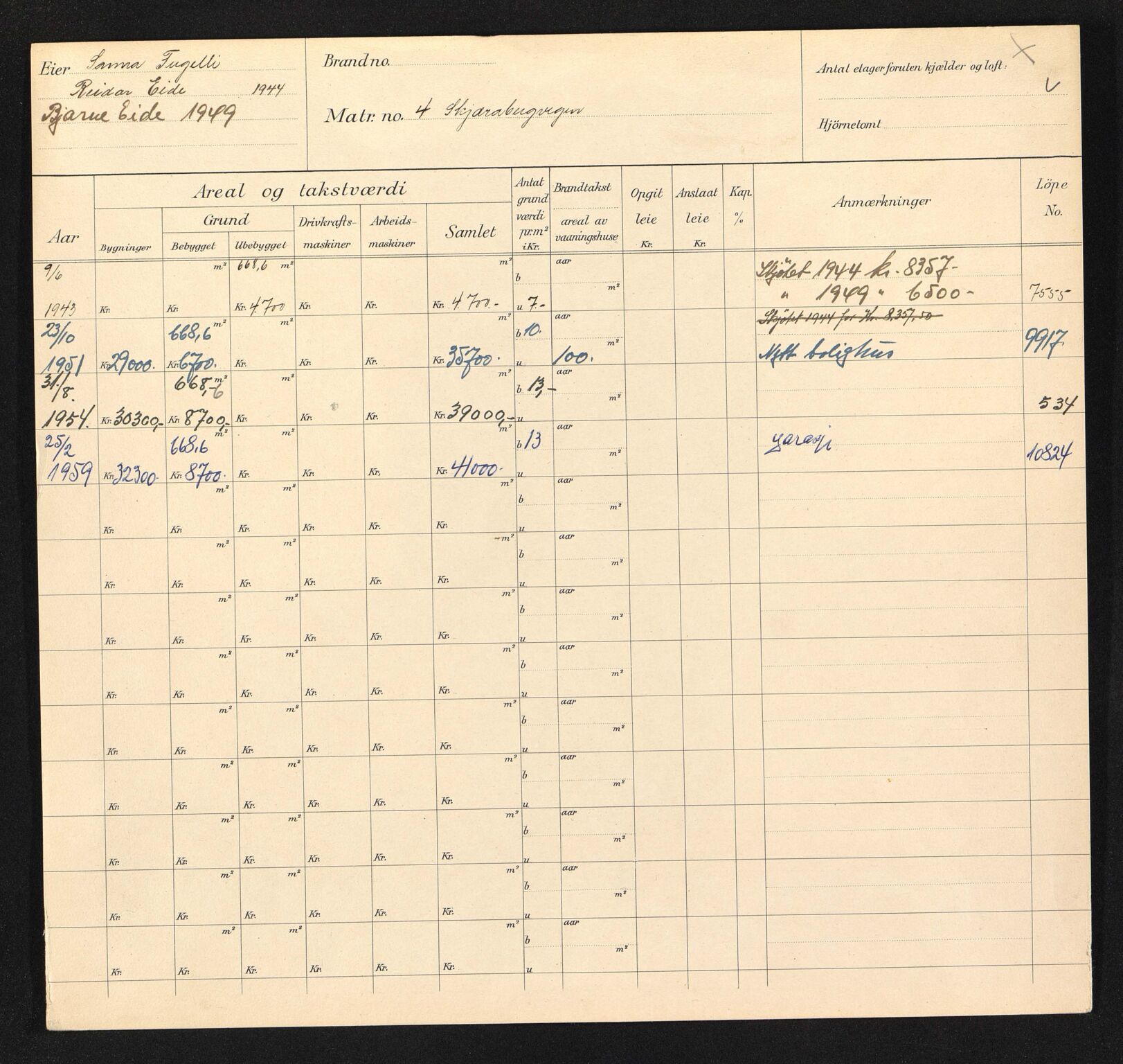 Stavanger kommune. Skattetakstvesenet, BYST/A-0440/F/Fa/Faa/L0039/0005: Skattetakstkort / Skjærabergveien 4 - Skolegata - Skonnertveien 11