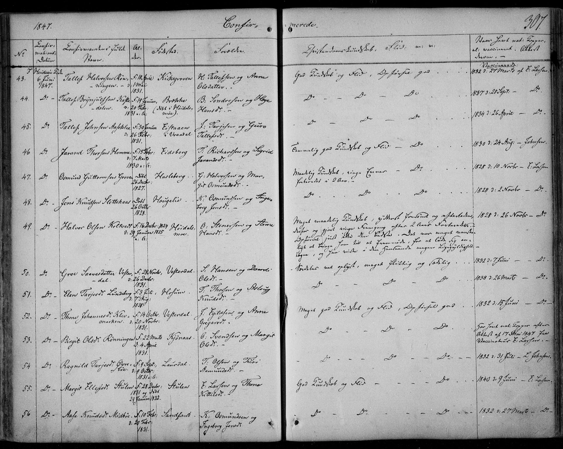 Kviteseid kirkebøker, AV/SAKO-A-276/F/Fa/L0006: Ministerialbok nr. I 6, 1836-1858, s. 307