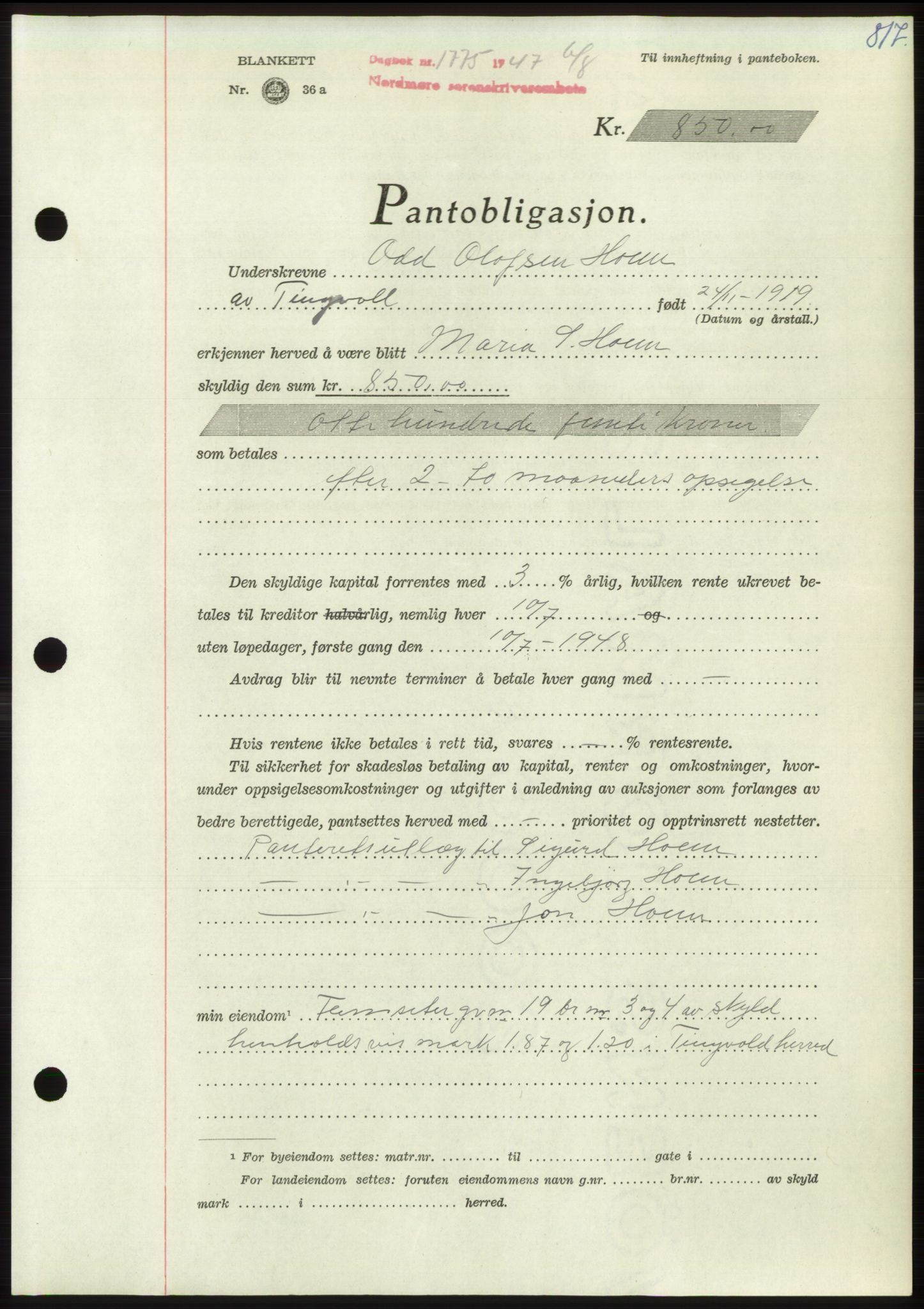 Nordmøre sorenskriveri, SAT/A-4132/1/2/2Ca: Pantebok nr. B96, 1947-1947, Dagboknr: 1775/1947