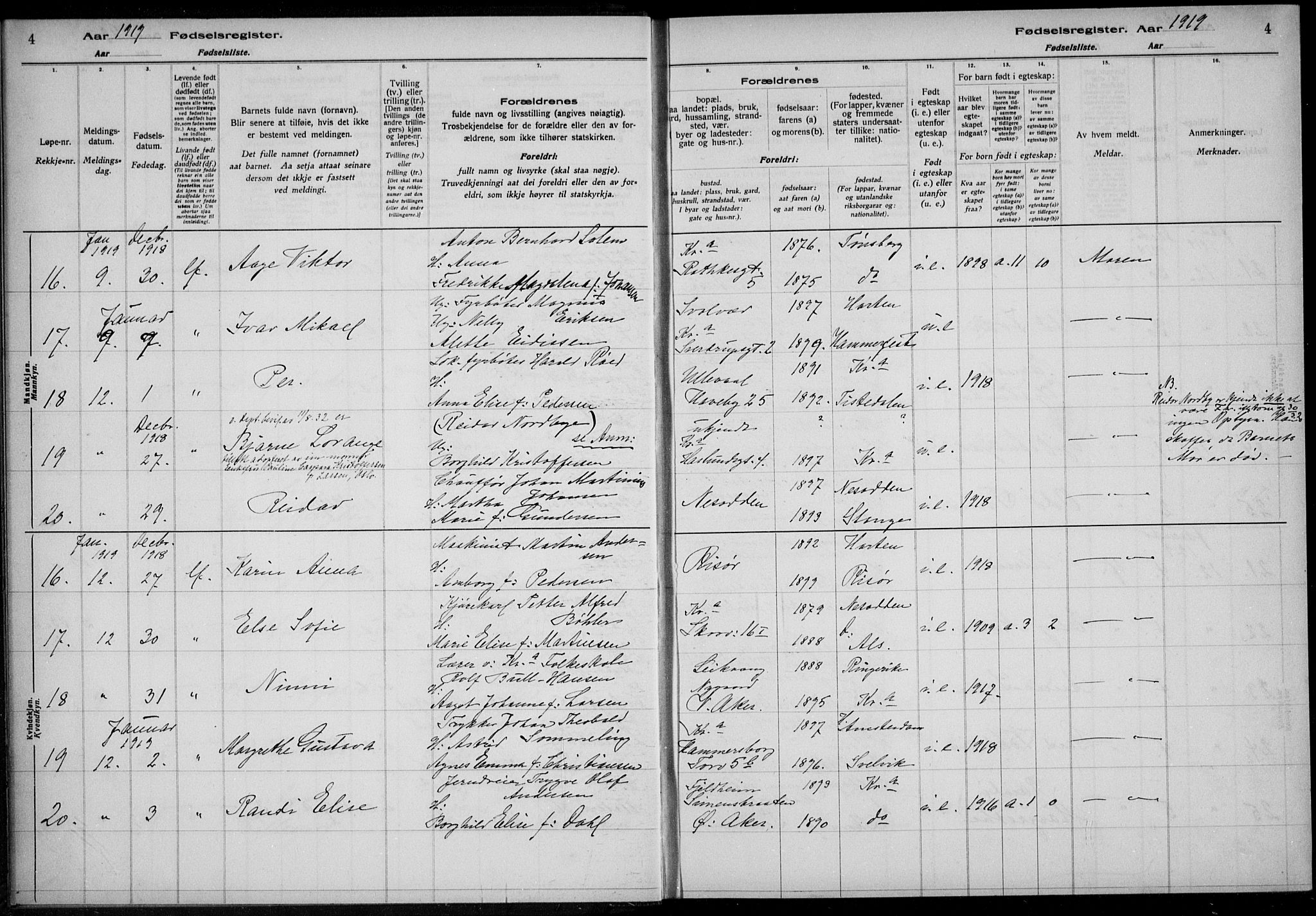 Rikshospitalet prestekontor Kirkebøker, AV/SAO-A-10309b/J/L0004: Fødselsregister nr. 4, 1919-1919, s. 4