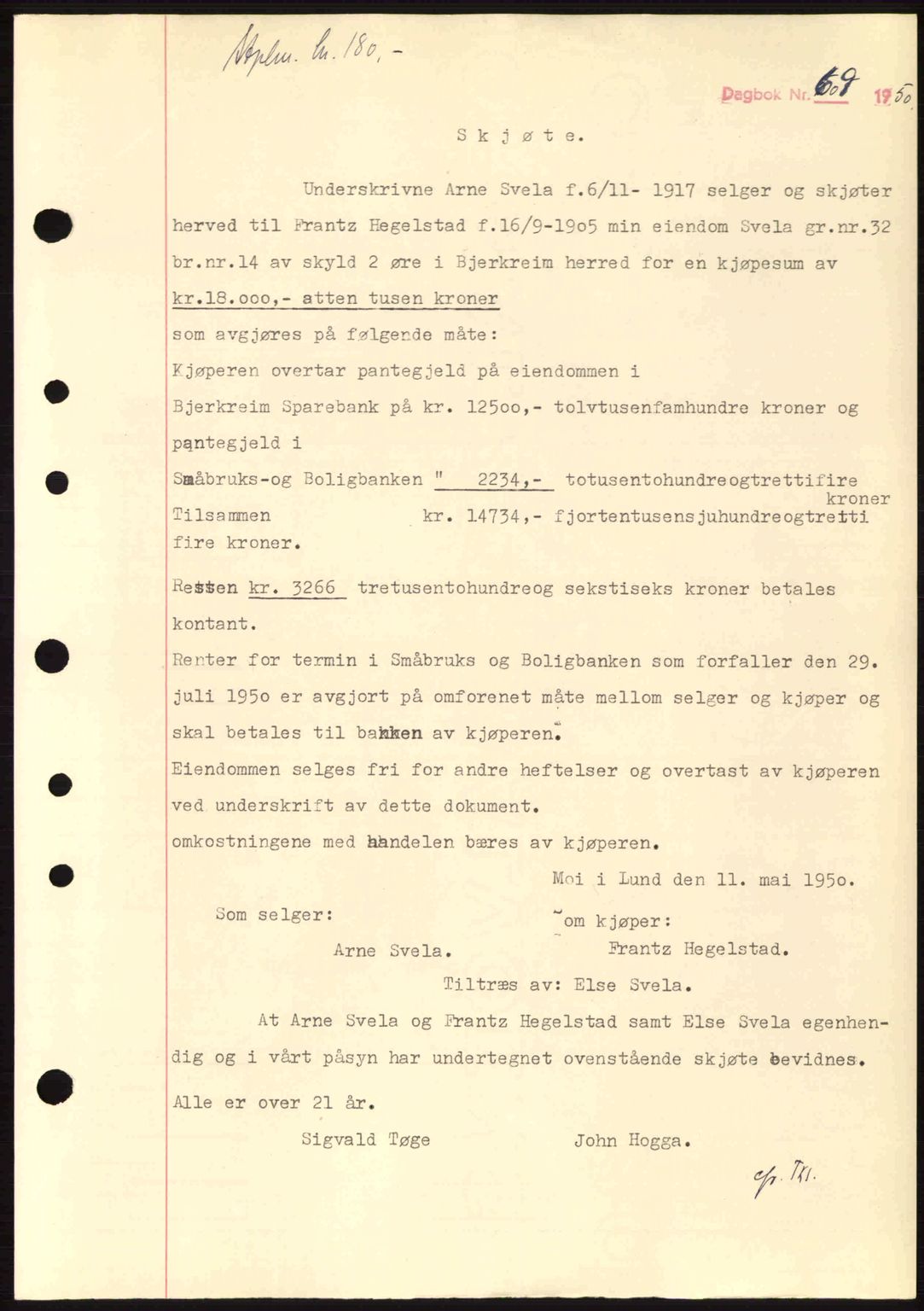 Dalane sorenskriveri, SAST/A-100309/02/G/Gb/L0055: Pantebok nr. A15, 1950-1950, Dagboknr: 609/1950