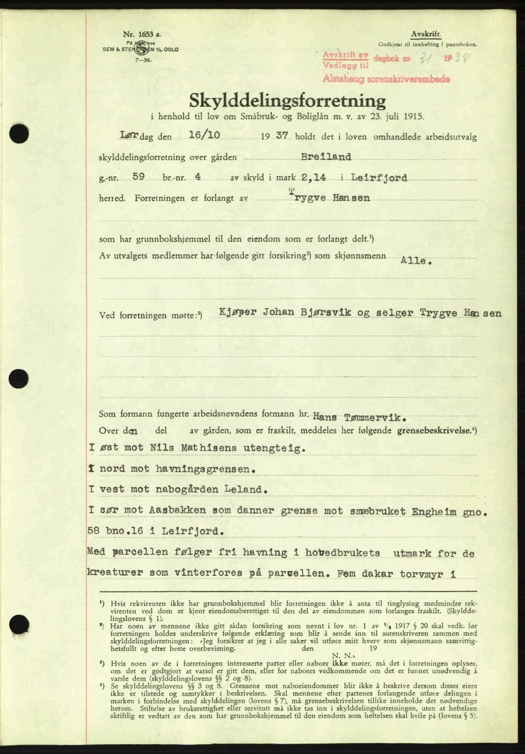 Alstahaug sorenskriveri, SAT/A-1009: Pantebok nr. A3, 1937-1938, Dagboknr: 31/1938