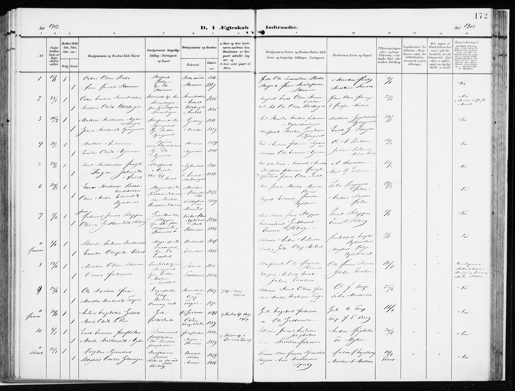 Løten prestekontor, AV/SAH-PREST-022/K/Ka/L0011: Ministerialbok nr. 11, 1908-1917, s. 172