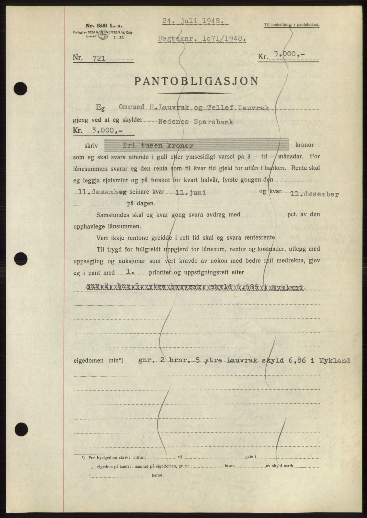 Nedenes sorenskriveri, AV/SAK-1221-0006/G/Gb/Gbb/L0005: Pantebok nr. B5, 1948-1948, Dagboknr: 1071/1948