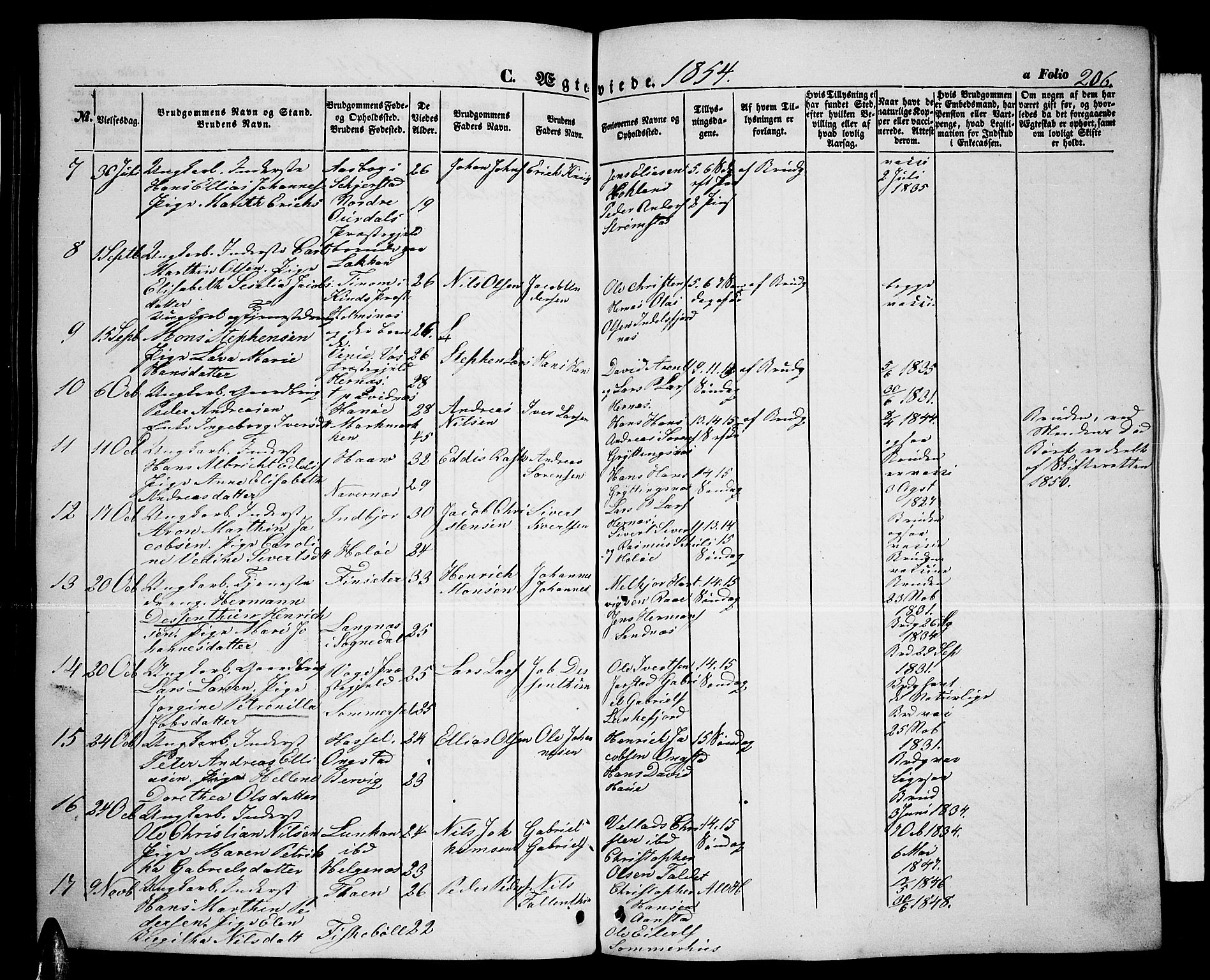 Ministerialprotokoller, klokkerbøker og fødselsregistre - Nordland, AV/SAT-A-1459/888/L1265: Klokkerbok nr. 888C03, 1850-1863, s. 206