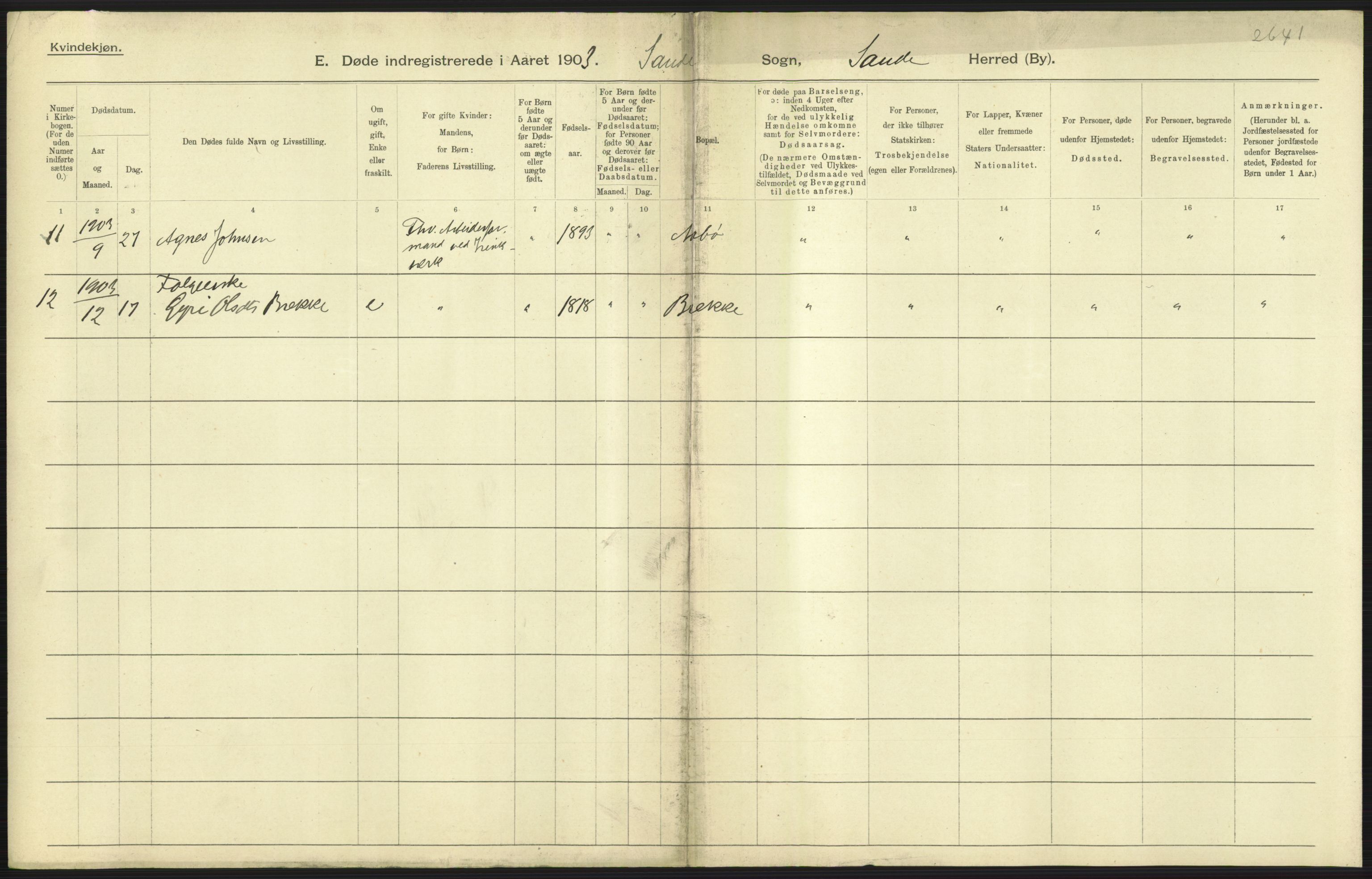 Statistisk sentralbyrå, Sosiodemografiske emner, Befolkning, AV/RA-S-2228/D/Df/Dfa/Dfaa/L0012: Stavanger amt: Fødte, gifte, døde, 1903, s. 649