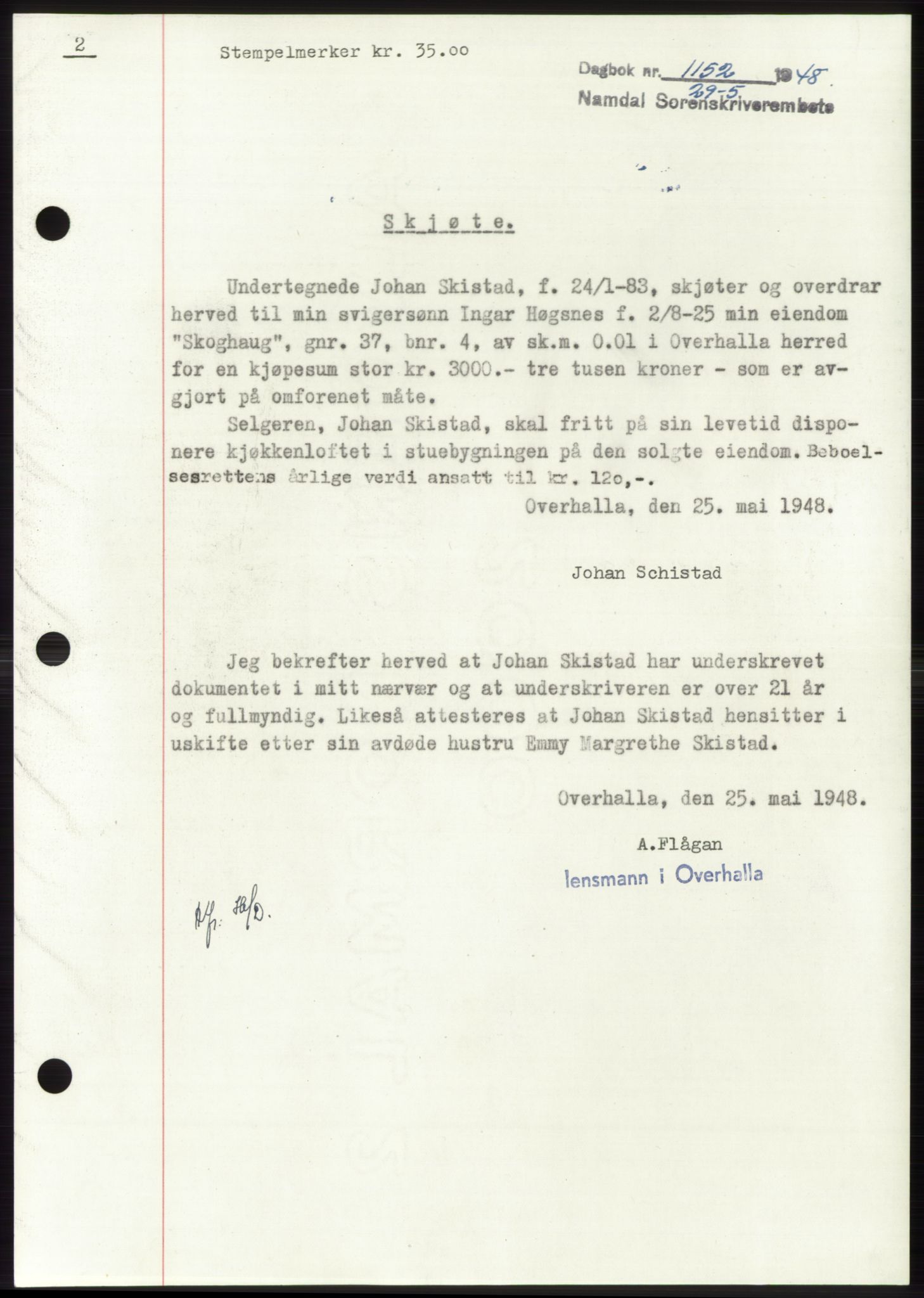 Namdal sorenskriveri, SAT/A-4133/1/2/2C: Pantebok nr. -, 1947-1948, Dagboknr: 1152/1948