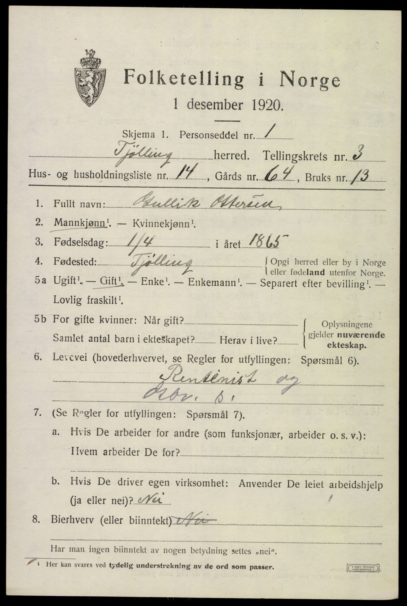 SAKO, Folketelling 1920 for 0725 Tjølling herred, 1920, s. 7073
