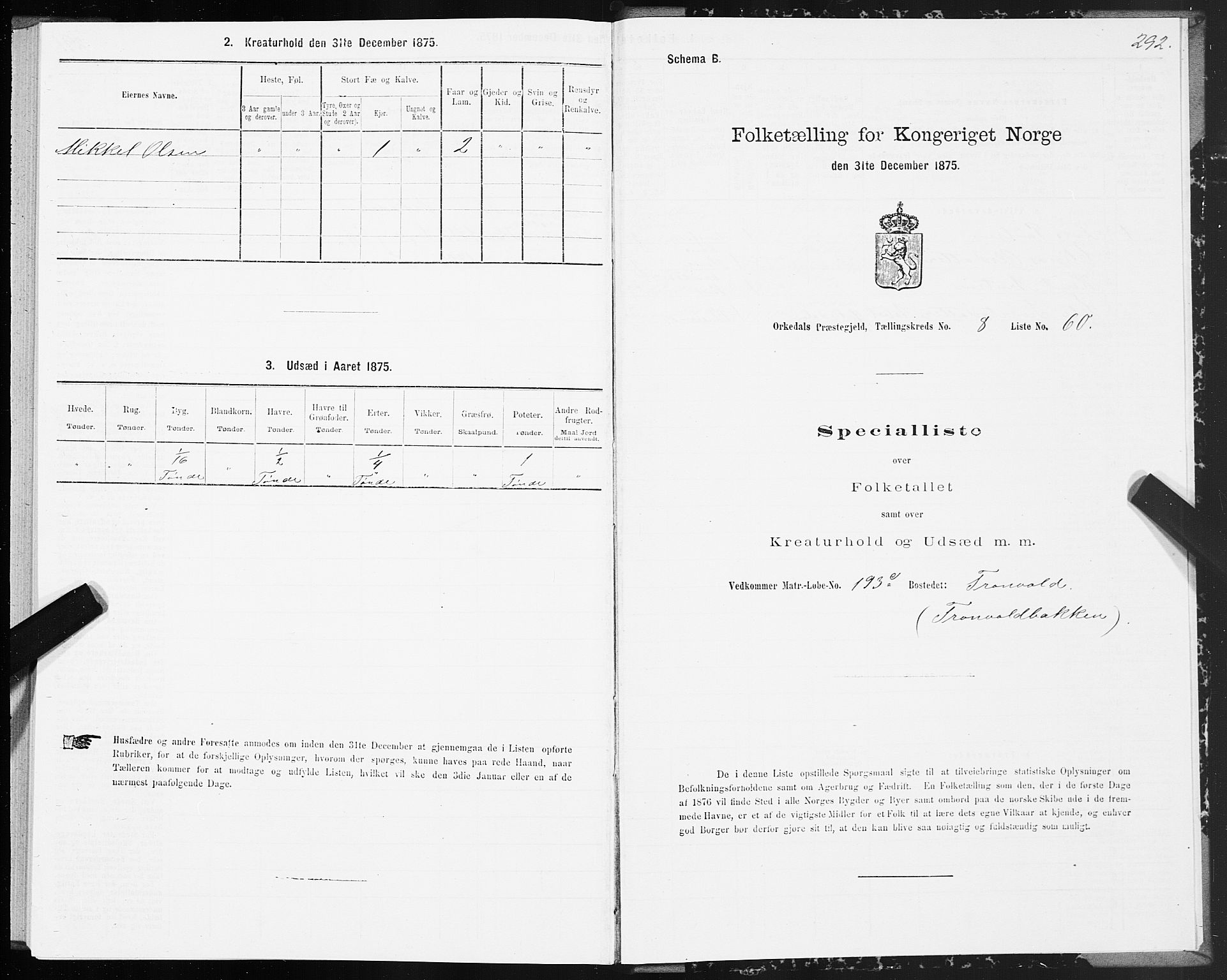 SAT, Folketelling 1875 for 1638P Orkdal prestegjeld, 1875, s. 4292