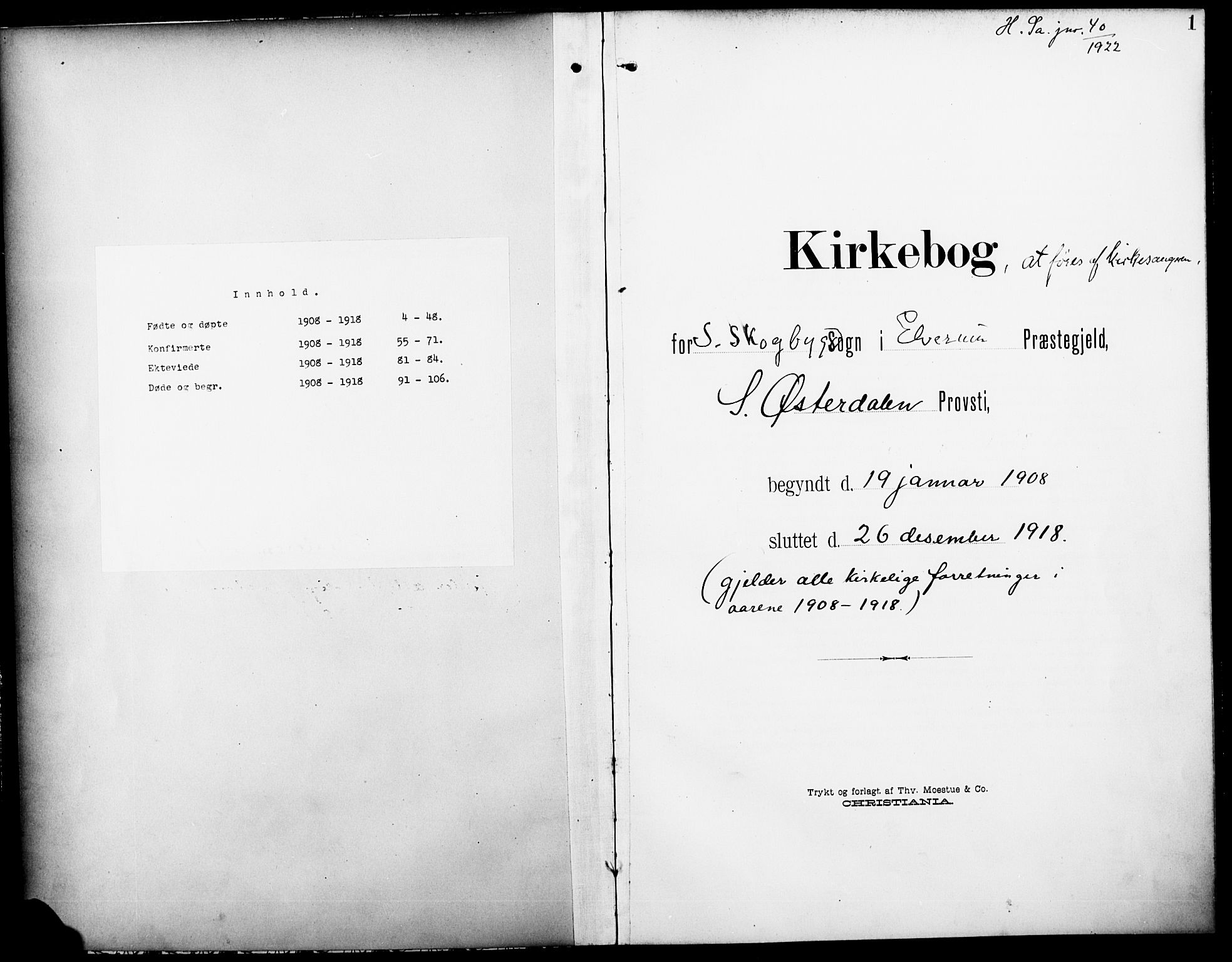 Elverum prestekontor, SAH/PREST-044/H/Ha/Hab/L0008: Klokkerbok nr. 8, 1908-1918, s. 1