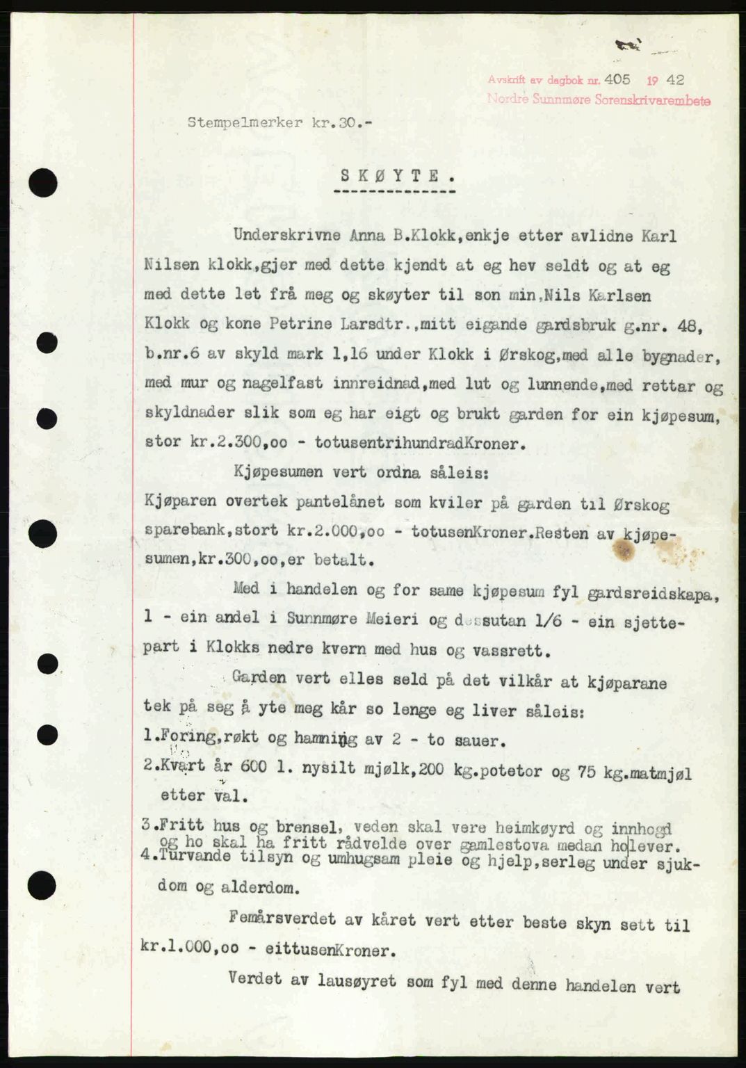 Nordre Sunnmøre sorenskriveri, SAT/A-0006/1/2/2C/2Ca: Pantebok nr. A13, 1942-1942, Dagboknr: 405/1942