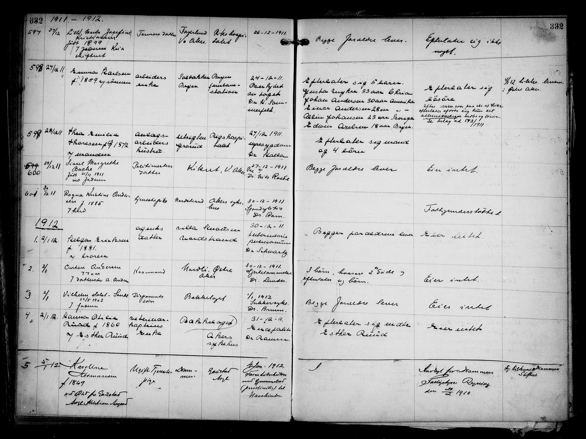 Aker kriminaldommer, skifte- og auksjonsforvalterembete, SAO/A-10452/H/Hb/Hba/Hbaa/L0002: Dødsfallsprotokoll, 1907-1912, s. 332