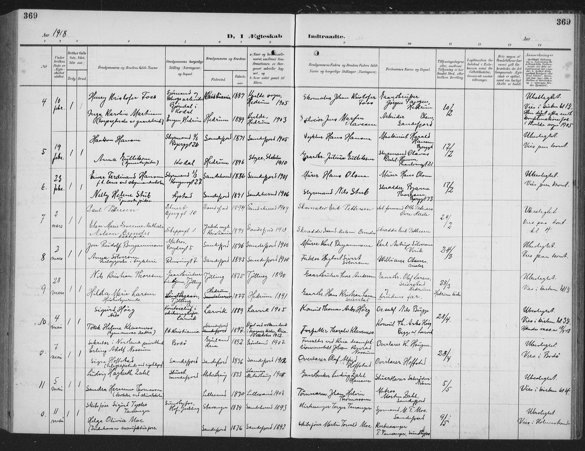 Sandefjord kirkebøker, AV/SAKO-A-315/G/Ga/L0003: Klokkerbok nr. 3, 1903-1920, s. 369