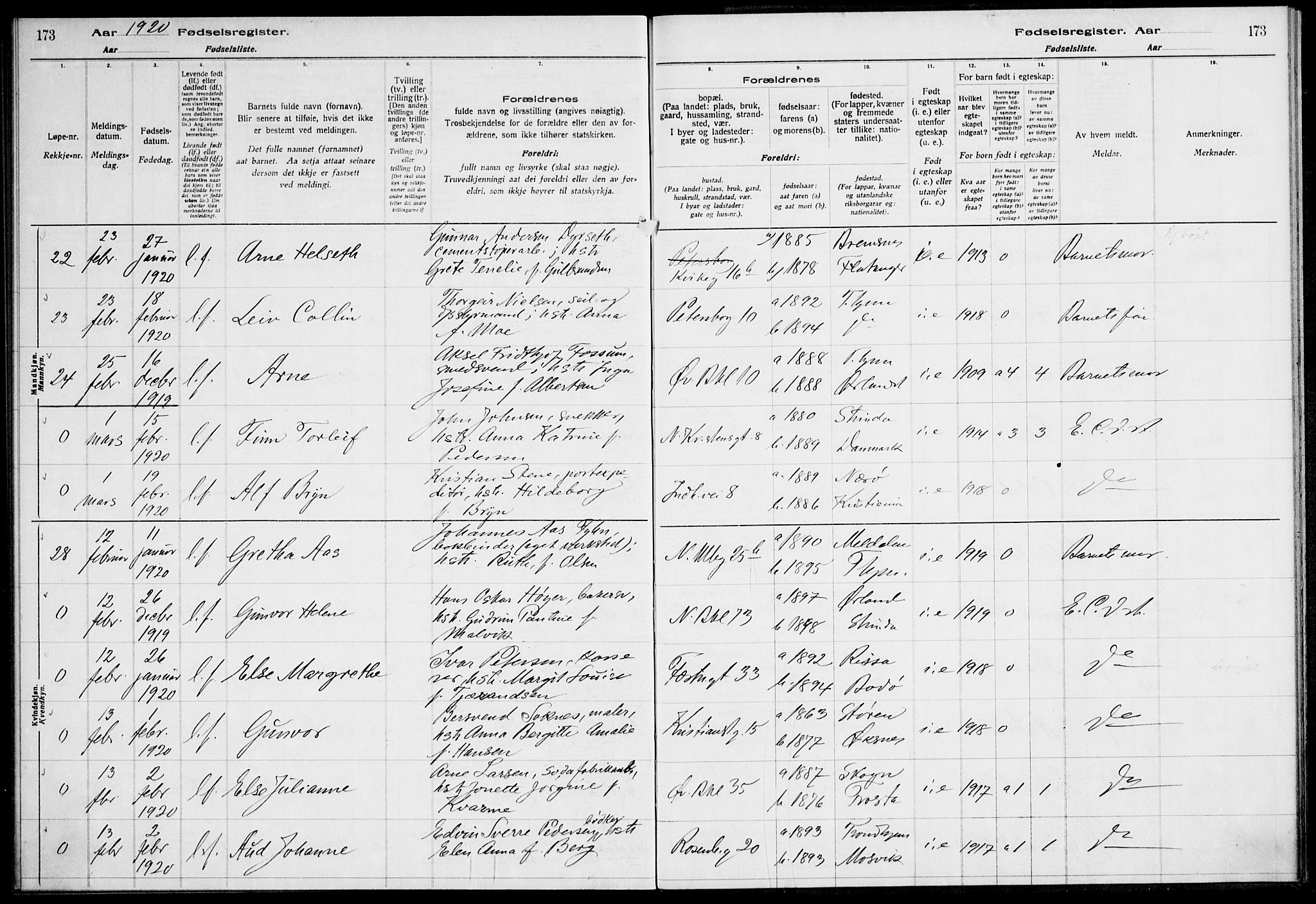 Ministerialprotokoller, klokkerbøker og fødselsregistre - Sør-Trøndelag, AV/SAT-A-1456/604/L0232: Fødselsregister nr. 604.II.4.1, 1916-1920, s. 173