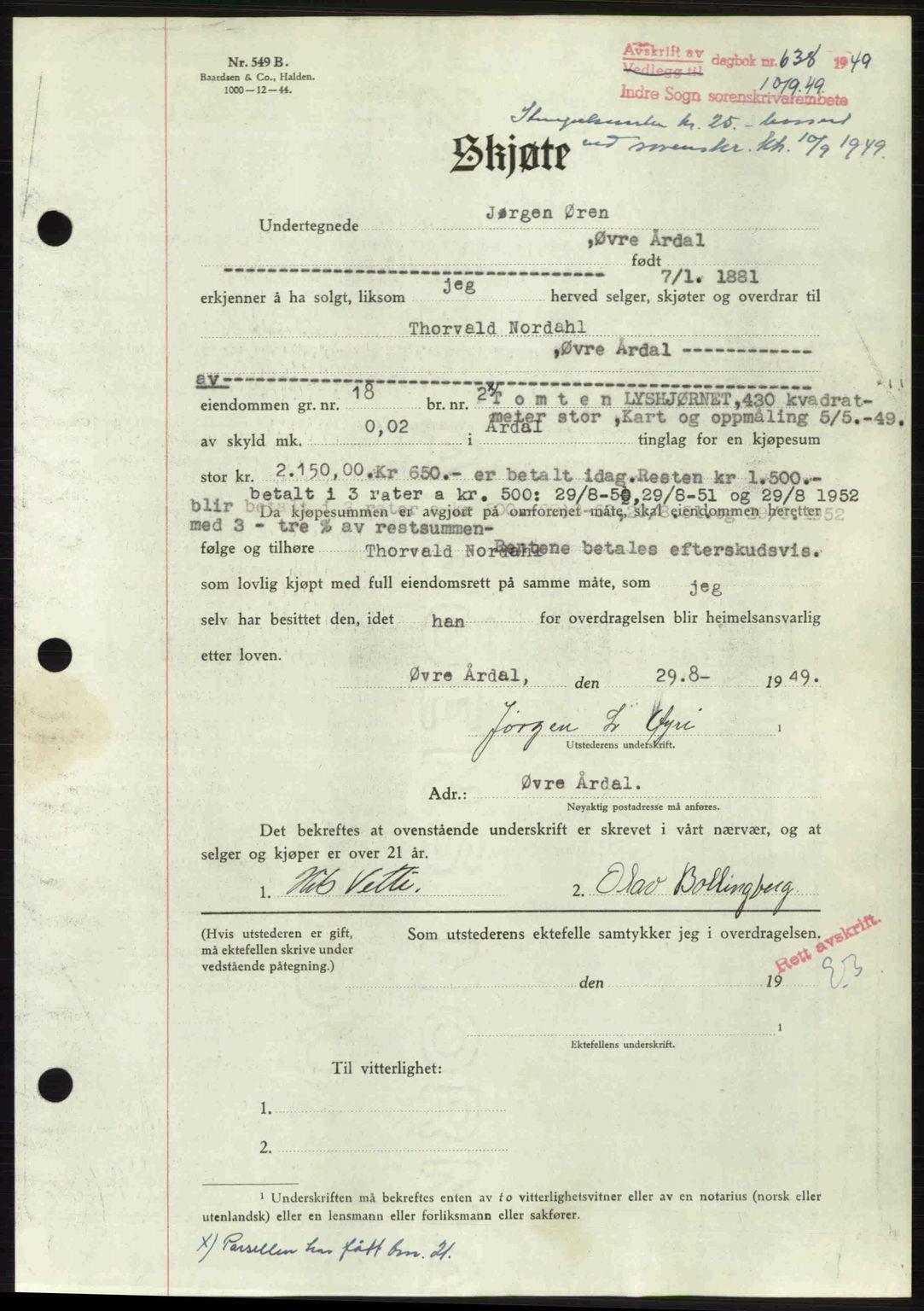 Indre Sogn tingrett, SAB/A-3301/1/G/Gb/Gbb/L0010: Pantebok nr. A10, 1949-1949, Dagboknr: 638/1949